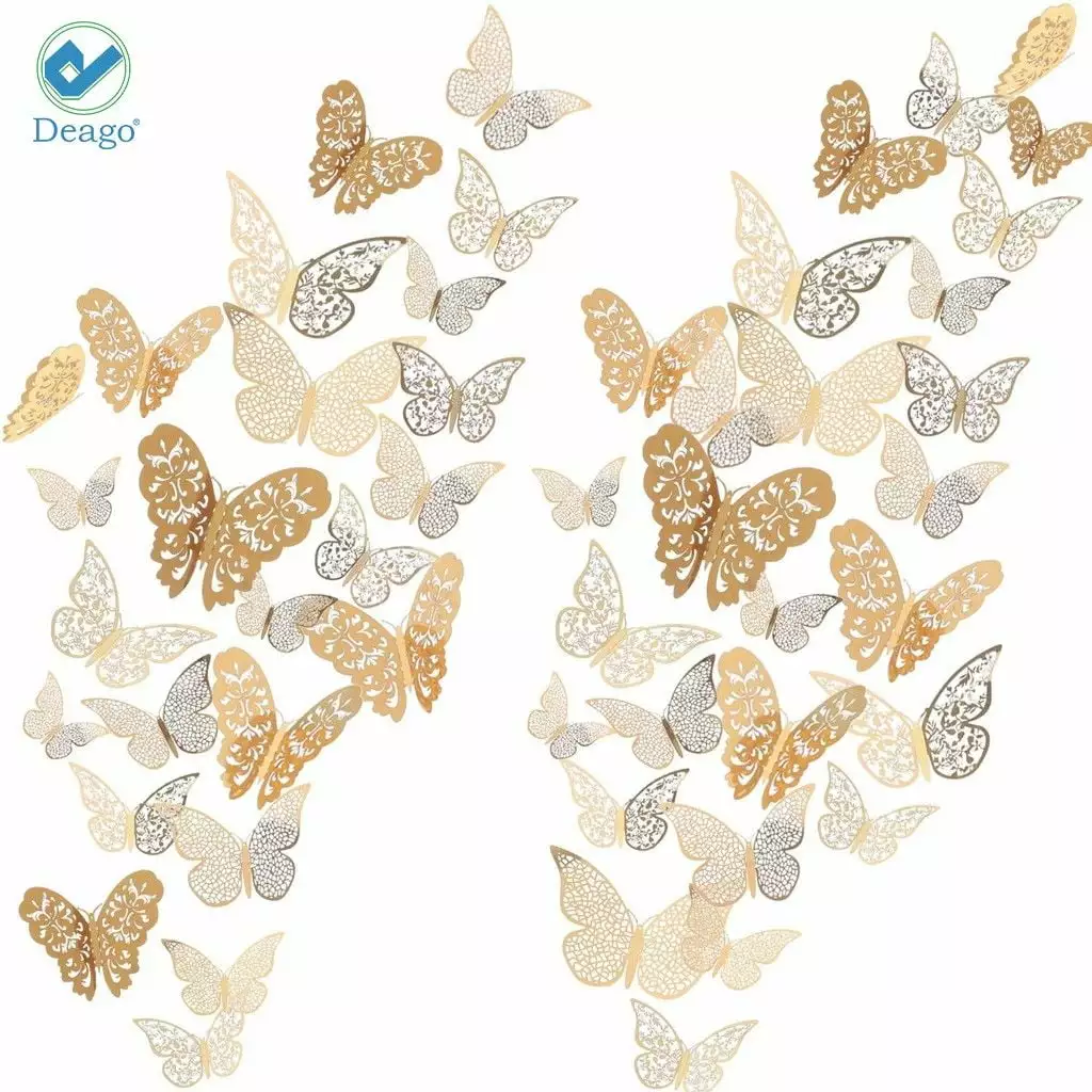 36Pcs 3D Hollow Butterfly Wall Decals Gold Removable DIY Mural Set Home Decor Deago