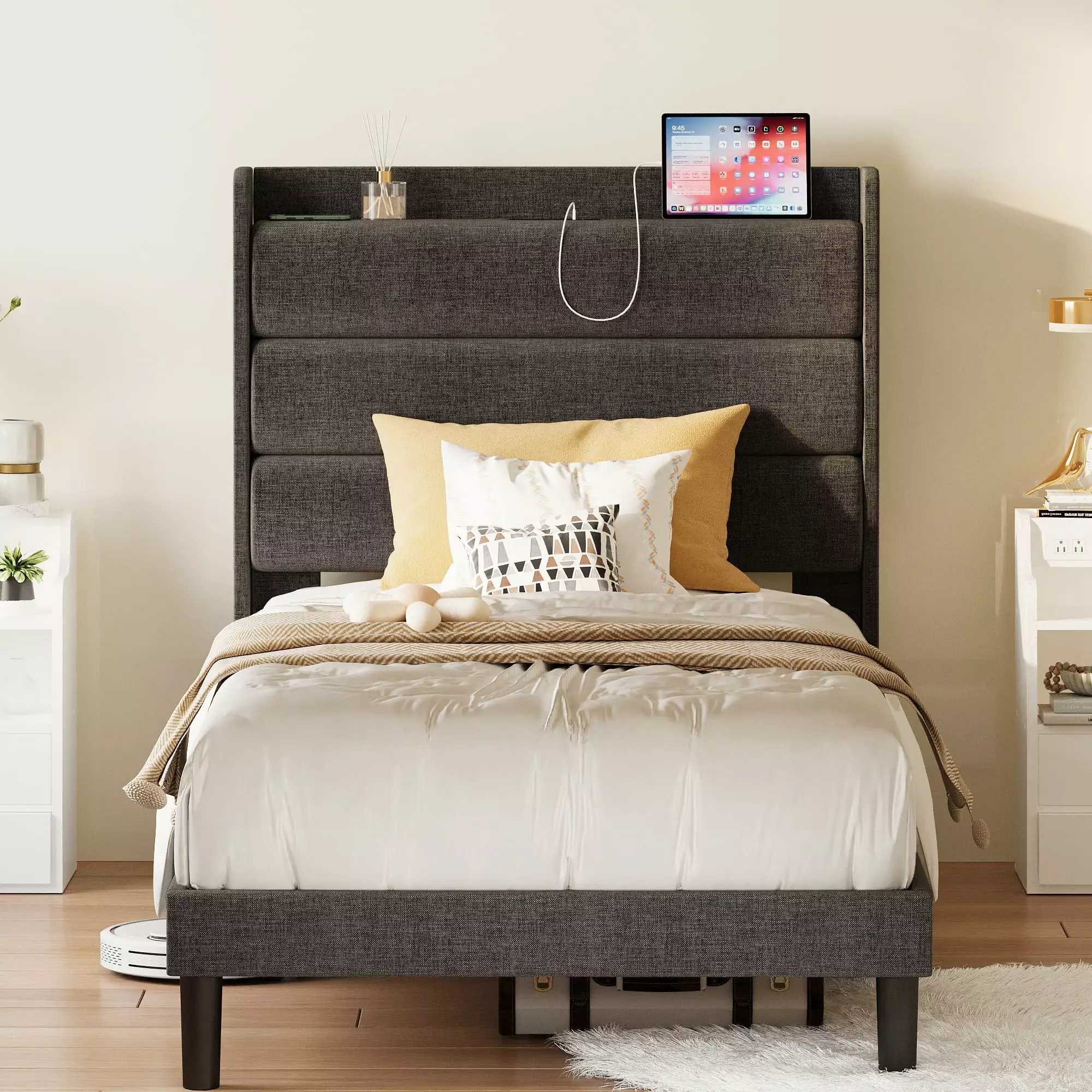LIKIMIO Twin XL Bed Frame Upholstered Headboard Outlets Storage No Box Spring Needed Dark Gray