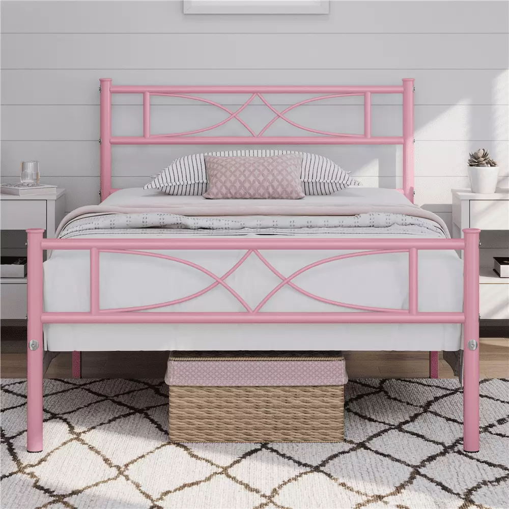 Topeakmart Metal Twin XL Bed Frame Curved Design Headboard and Footboard Pink