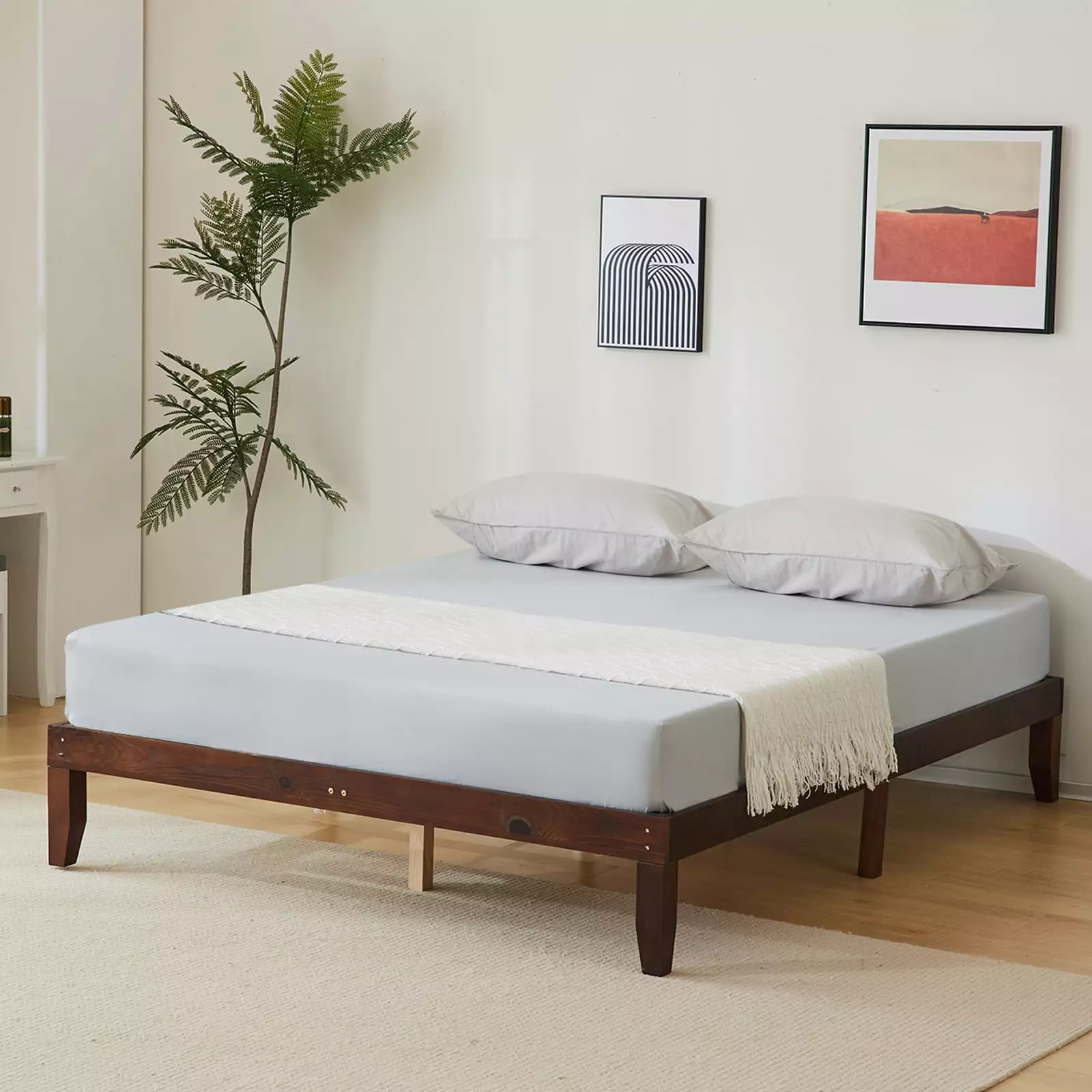 Zimtown 12 Solid Wood Platform Bed Wooden Slats Antique Espresso Finish