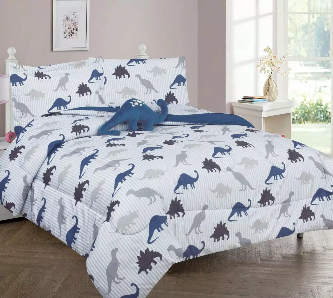 Kids Dinosaur Bed Bag Comforter Set Matching Sheets and Plush Toy Twin Size White Print Design SAMIMPORT-2011