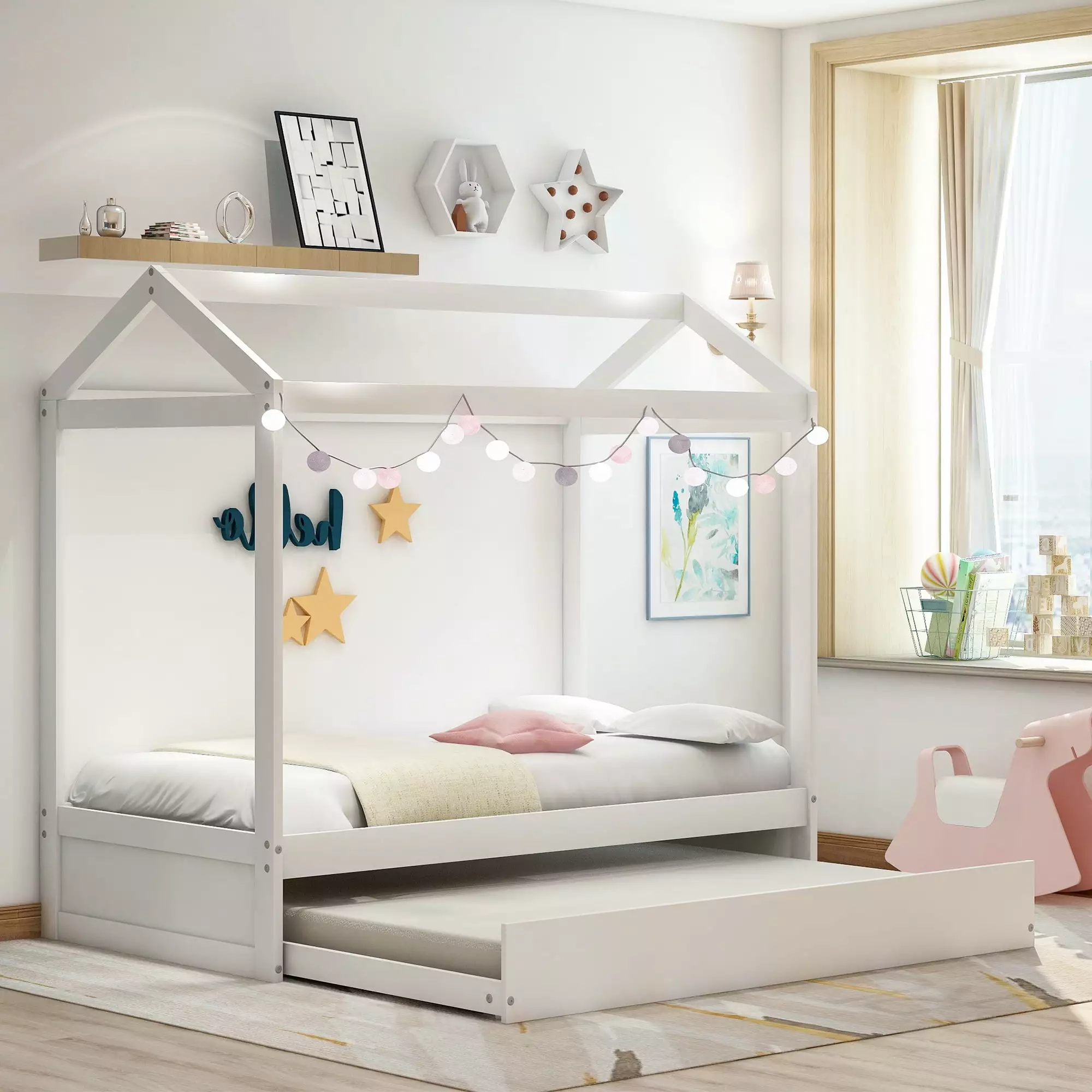 Euroco Twin Size Beach Platform Bed House Canopy Bed Trundle Bed Solid Wood Daybed No Box Spring Needed