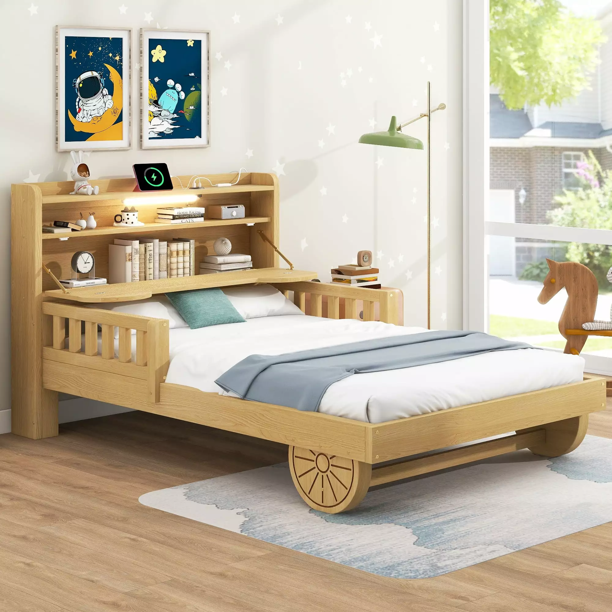 EUROCO Wood Twin Size Platform Bed Frame Storage Headboard Bear Shaped Car Bed LED Light USB Charging
