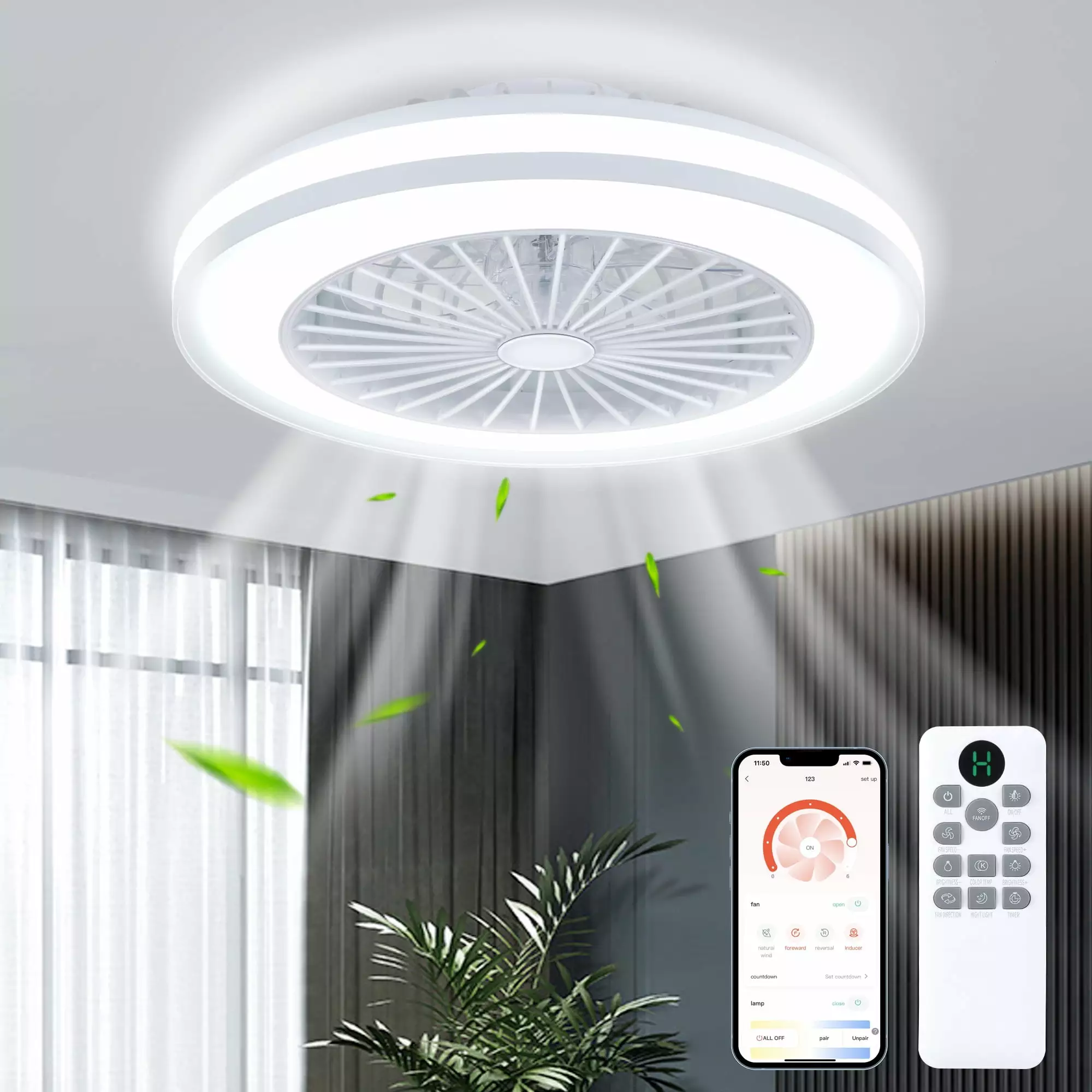 Agtana 20 Inch Ceiling Fan Lights Remote Control Dimmable Tri-color Light Timing Setting 6 Wind Speed Bladeless Bedroom