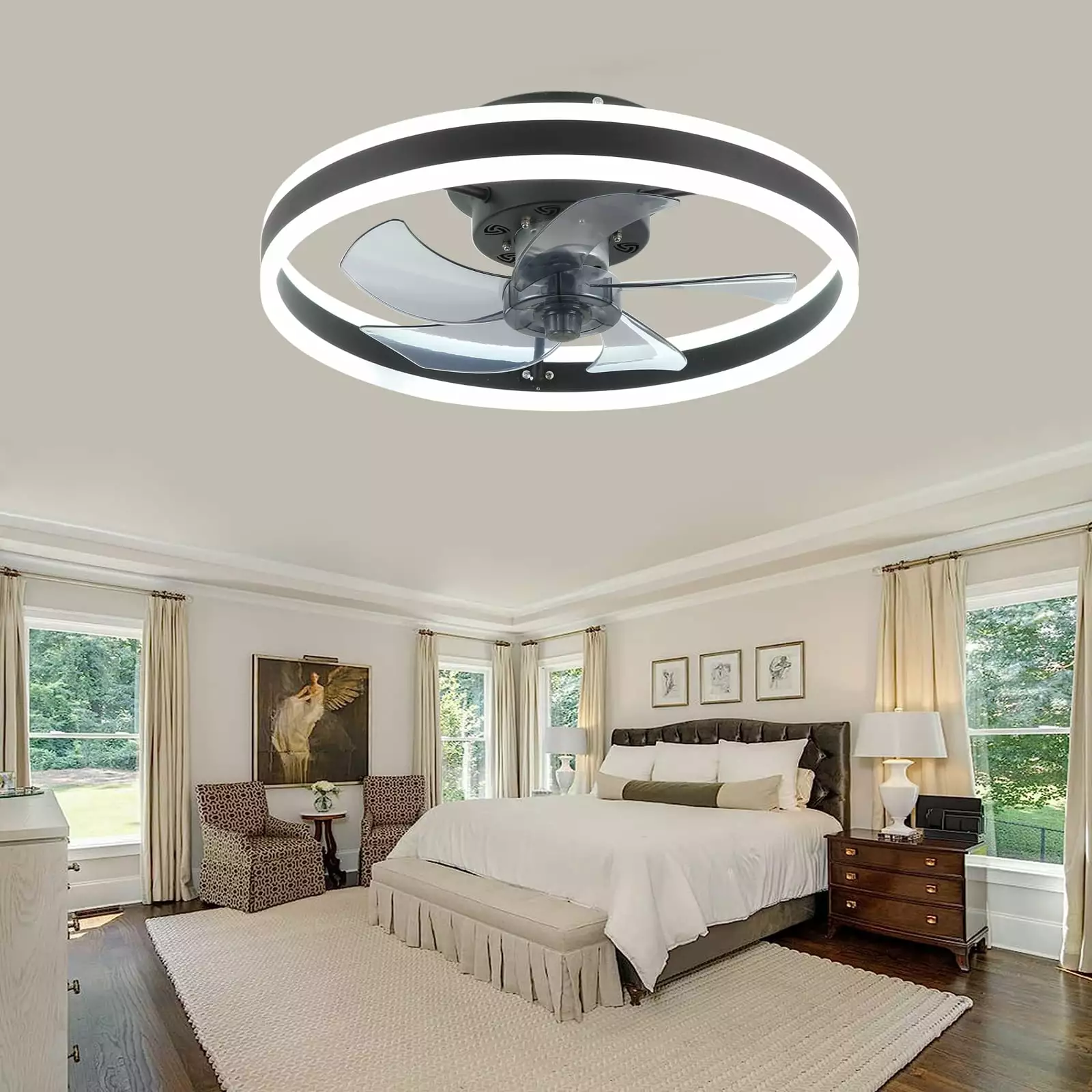 JLPAN Low Profile Flush Mount Bladeless Ceiling Fan Lights Remote Control 3 Colors 6 Speeds Black