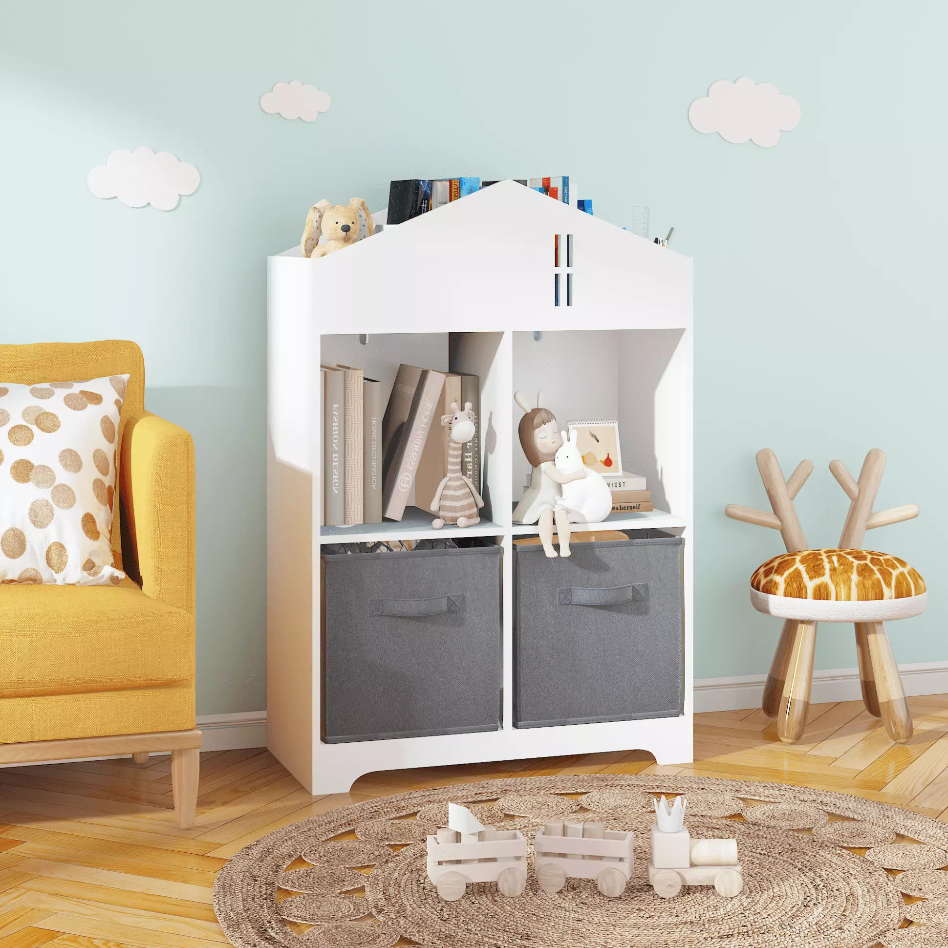 24.1Kids Wooden Bookshelf 2-Tier Toy Storage and Collapsible Fabric Drawers Triple Tree