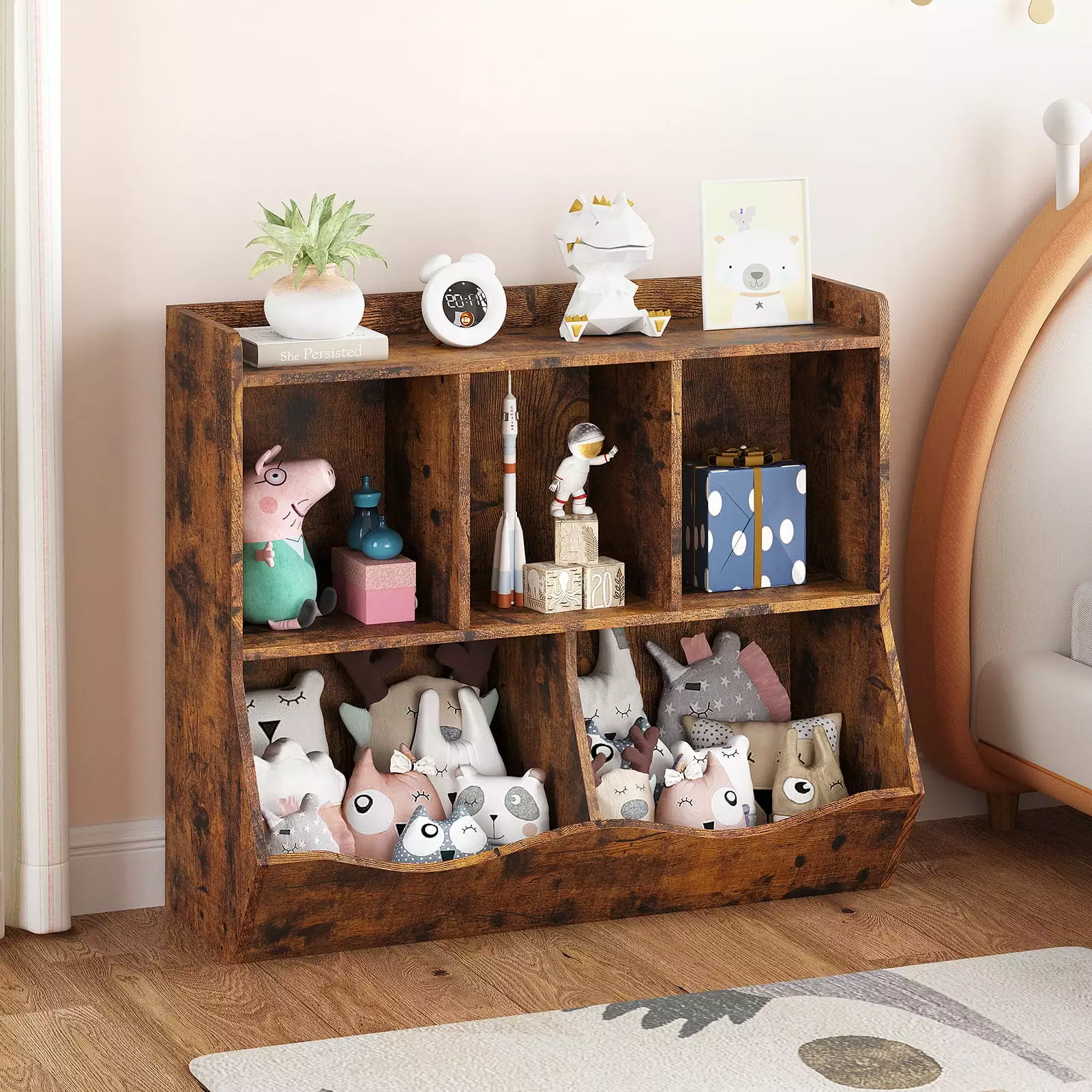 Leeten Kids Bookshelf Toy Storage Multi Shelf Cubby Arranger Cabinet Rustic Brown