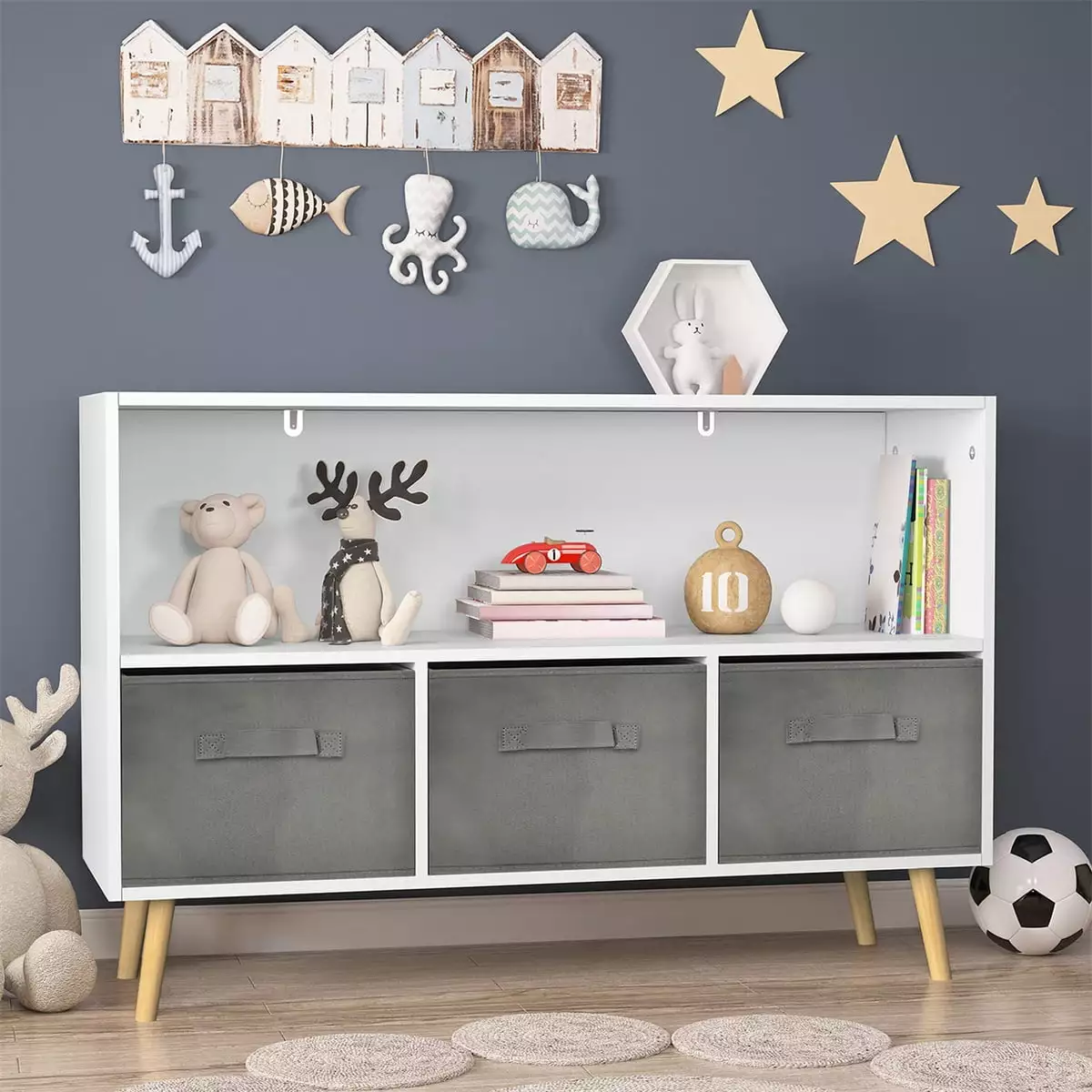 Kids Bookshelf Toy Storage Cabinet 3 Collapsible Fabric Drawers White Gray Triple Tree