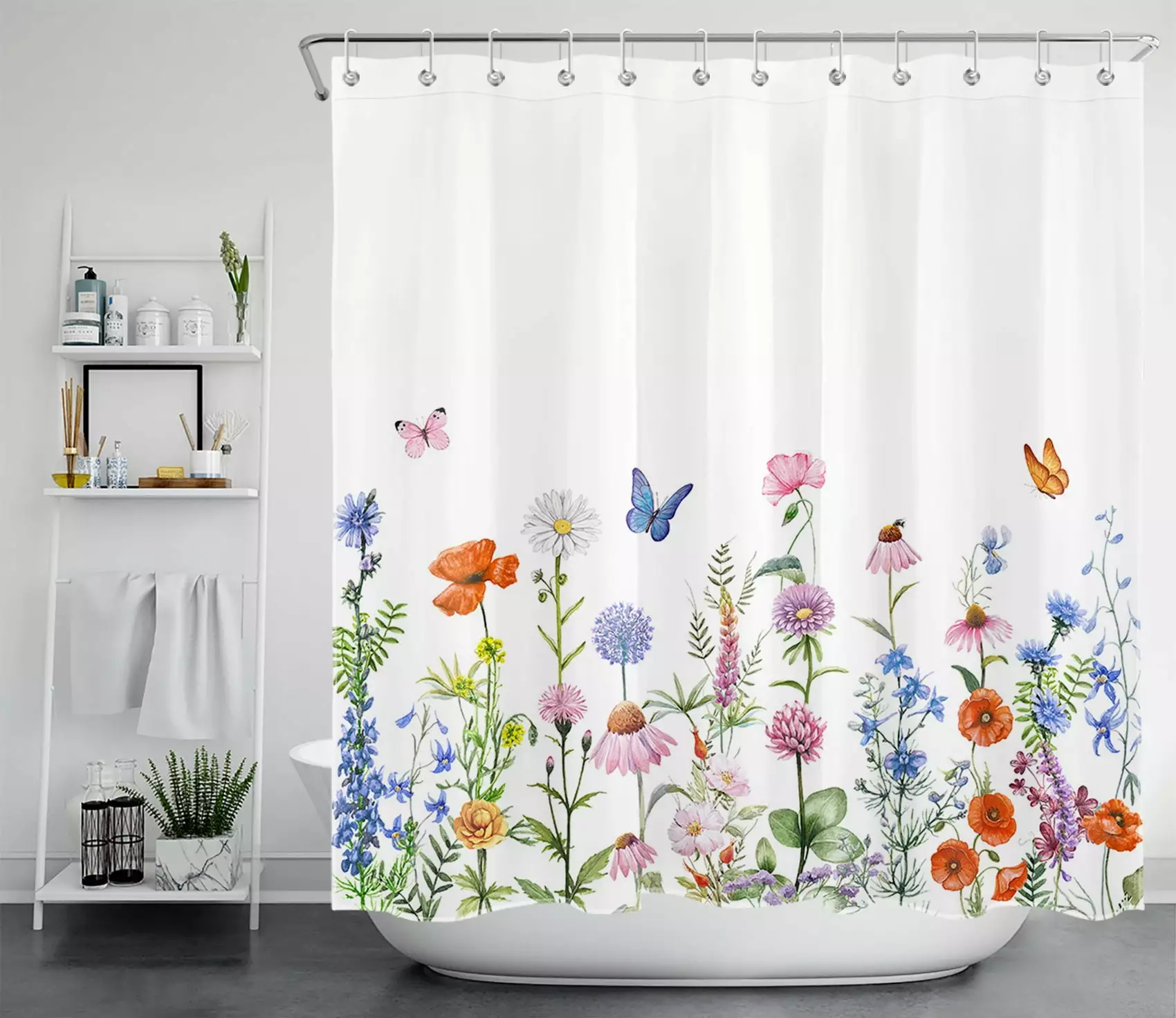 HVEST Floral Shower Curtain Watercolor Wild Flower Butterfly Plant Polyester Farmhouse 70x69 Inch