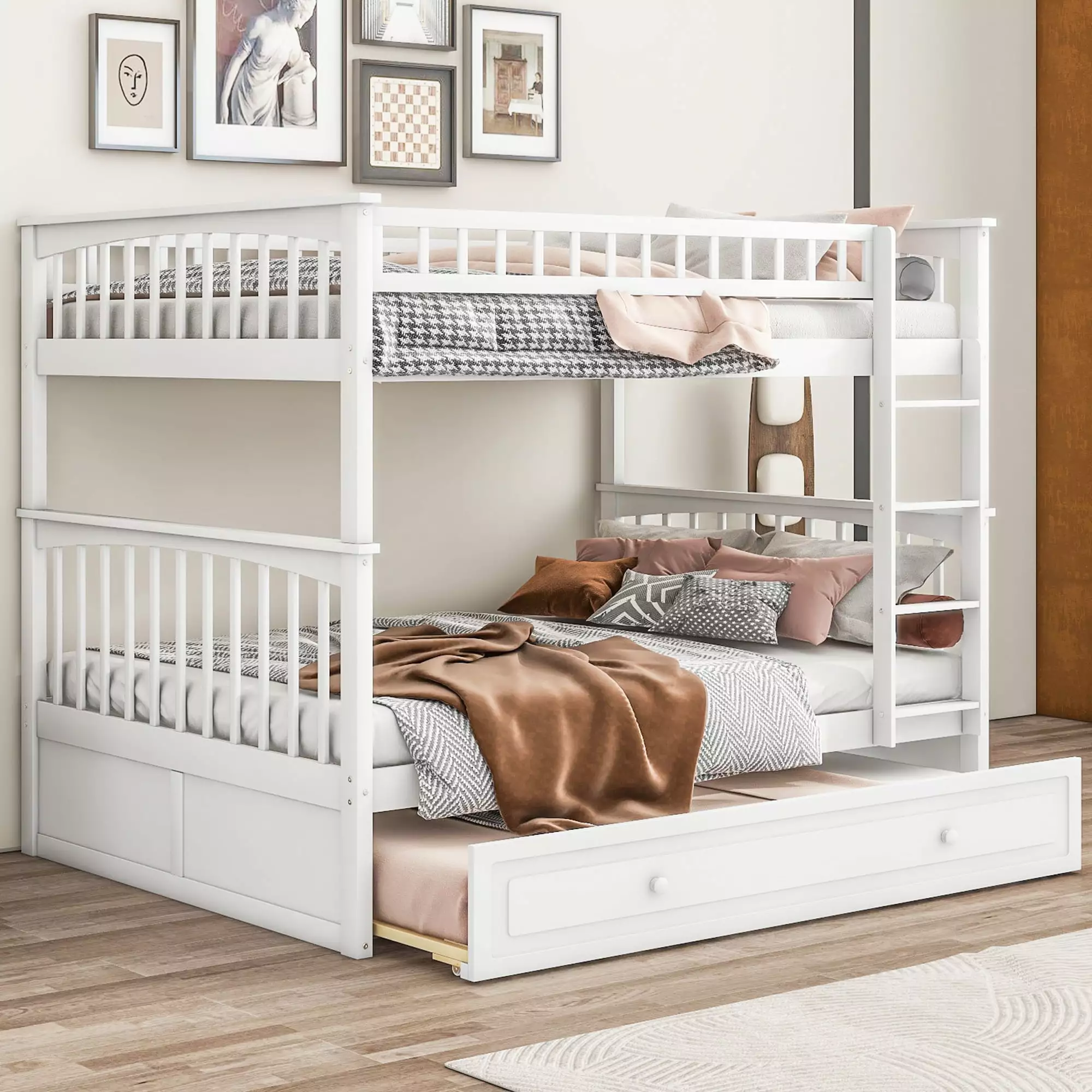 EUROCO Full over Full Bunk Bed Twin Trundle Bedroom White
