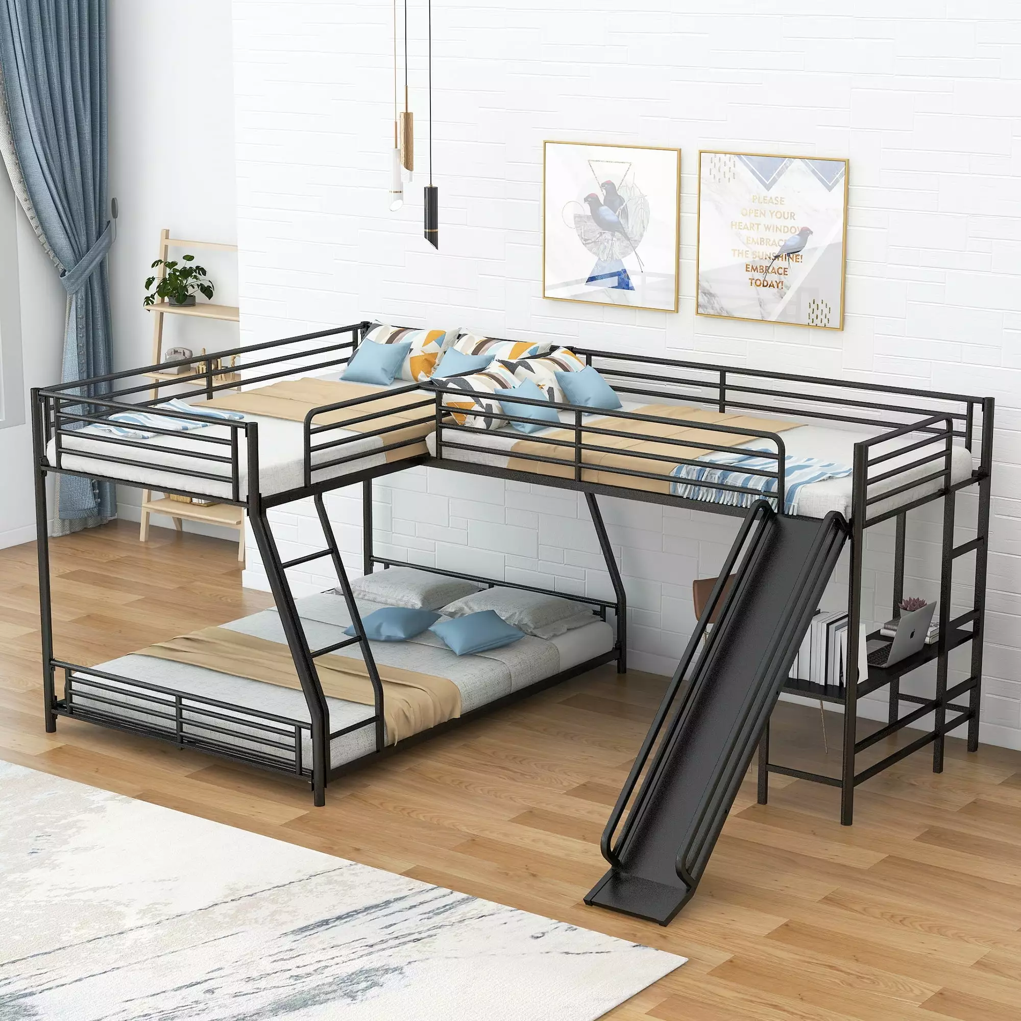 Euroco Metal L-Shaped Twin over Full Bunk and Twin Loft Bed Desk and Slide 3 Beds 1 Black