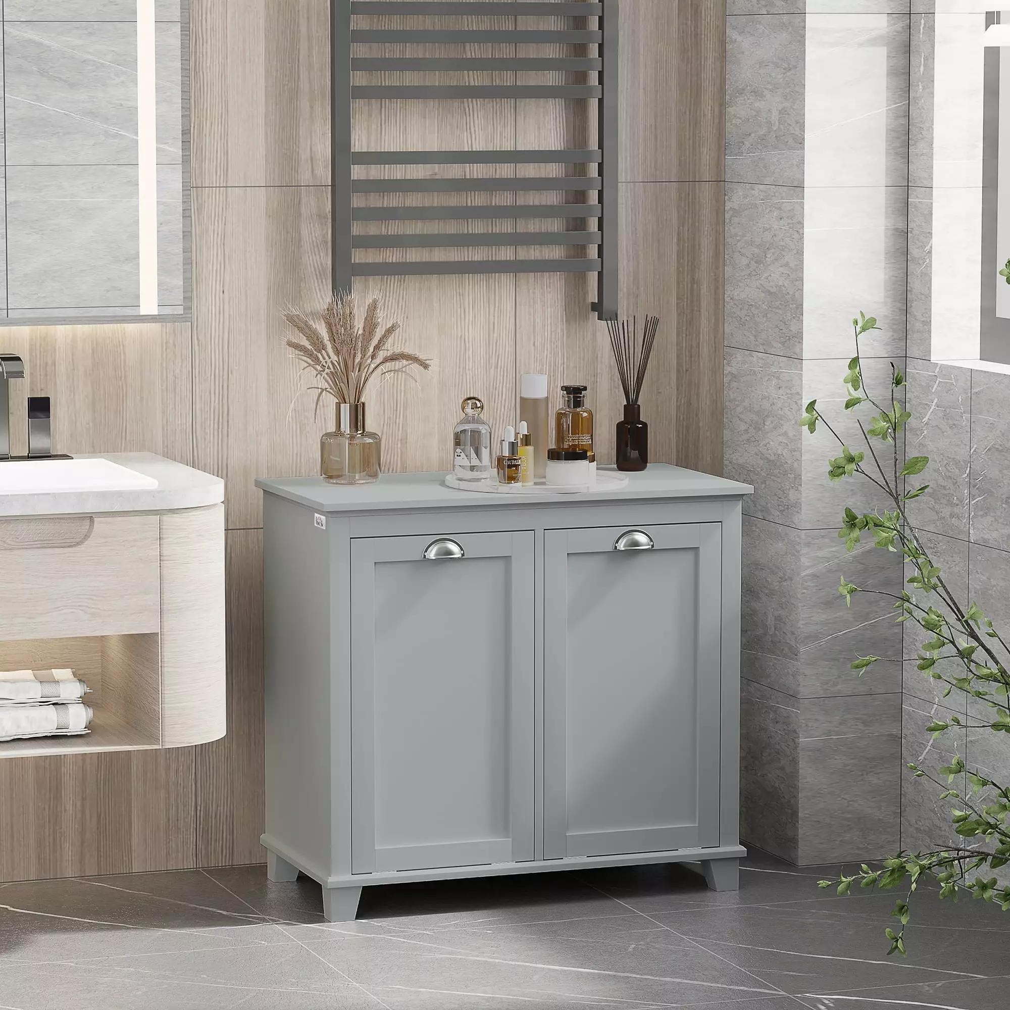 HOMCOM Tilt-Out Laundry Sorter Bathroom Cabinet Gray Space Saving Storage