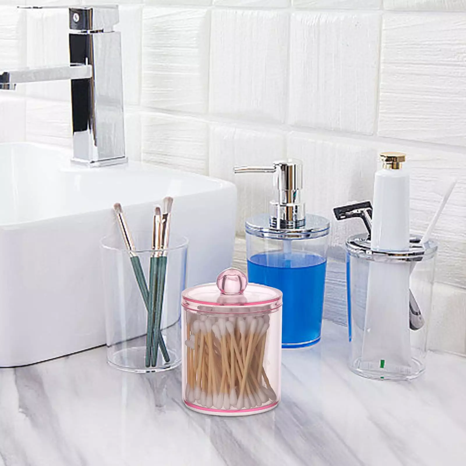 10OZ Clear Plastic Jar Set Cotton Balls Swabs Pads Floss Bathroom Organization Rvasteizo