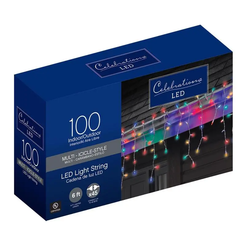 Celebrations LED Mini Multicolored 100 Count Icicle Christmas Lights 5.67 ft Pack 12