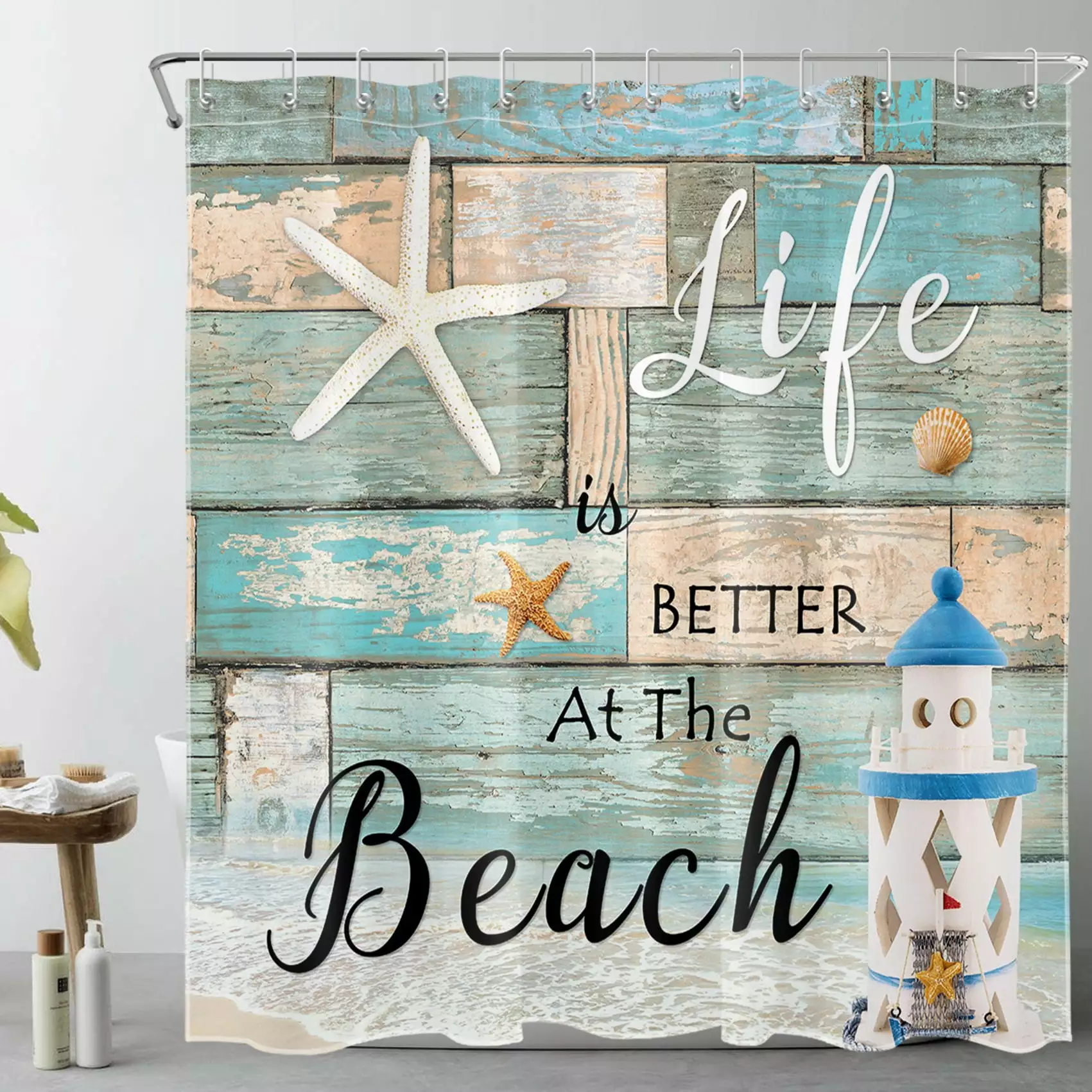 Ocean Beach Shower Curtain - Funny Quotes Starfish Lighthouse Nautical Theme Farmhouse Vintage Rustic Wood Bathroom Decor ...