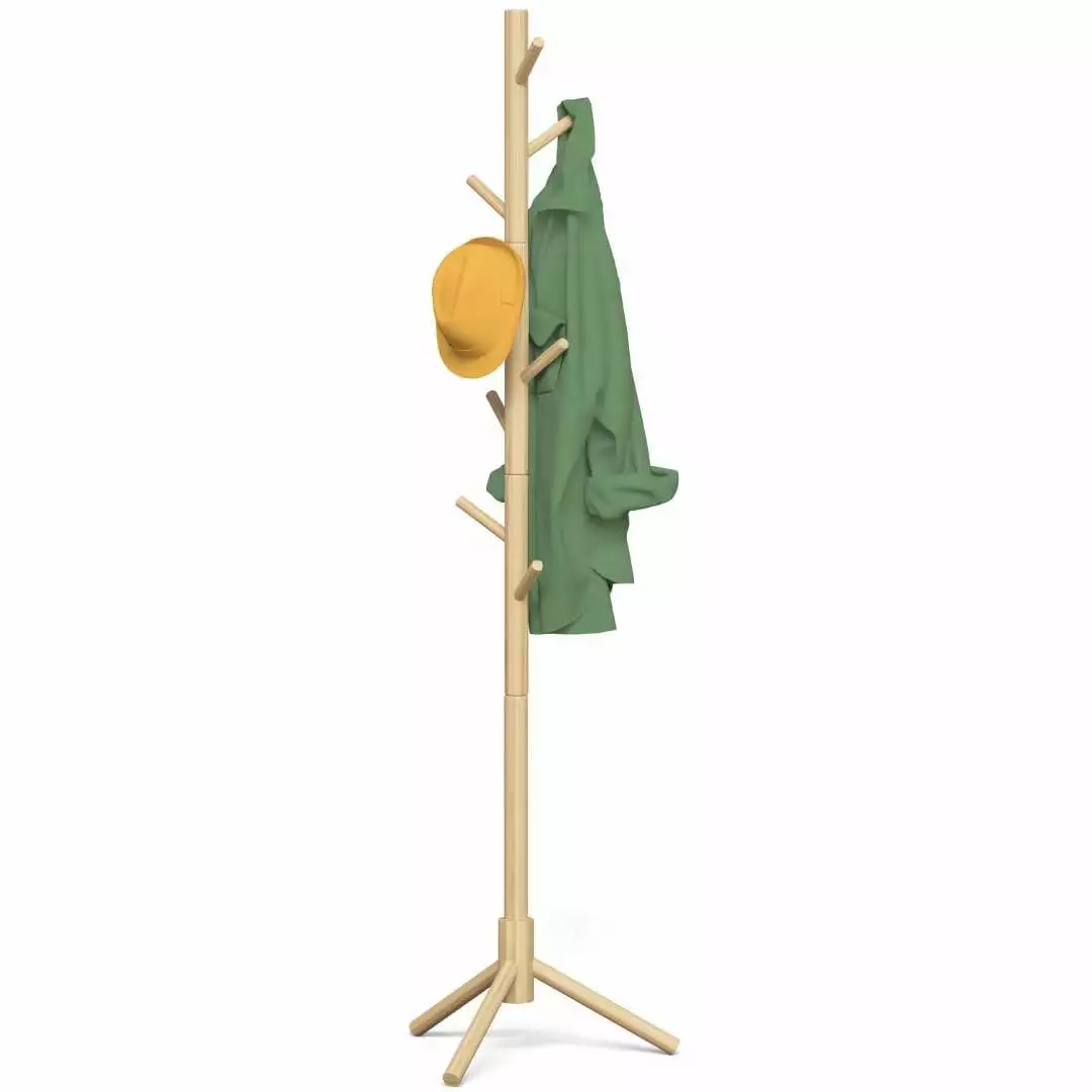 Wooden Coat Rack Freestanding Adjustable Coat Rack Stand 4 Sections & 8 Hooks ORRNIKKO