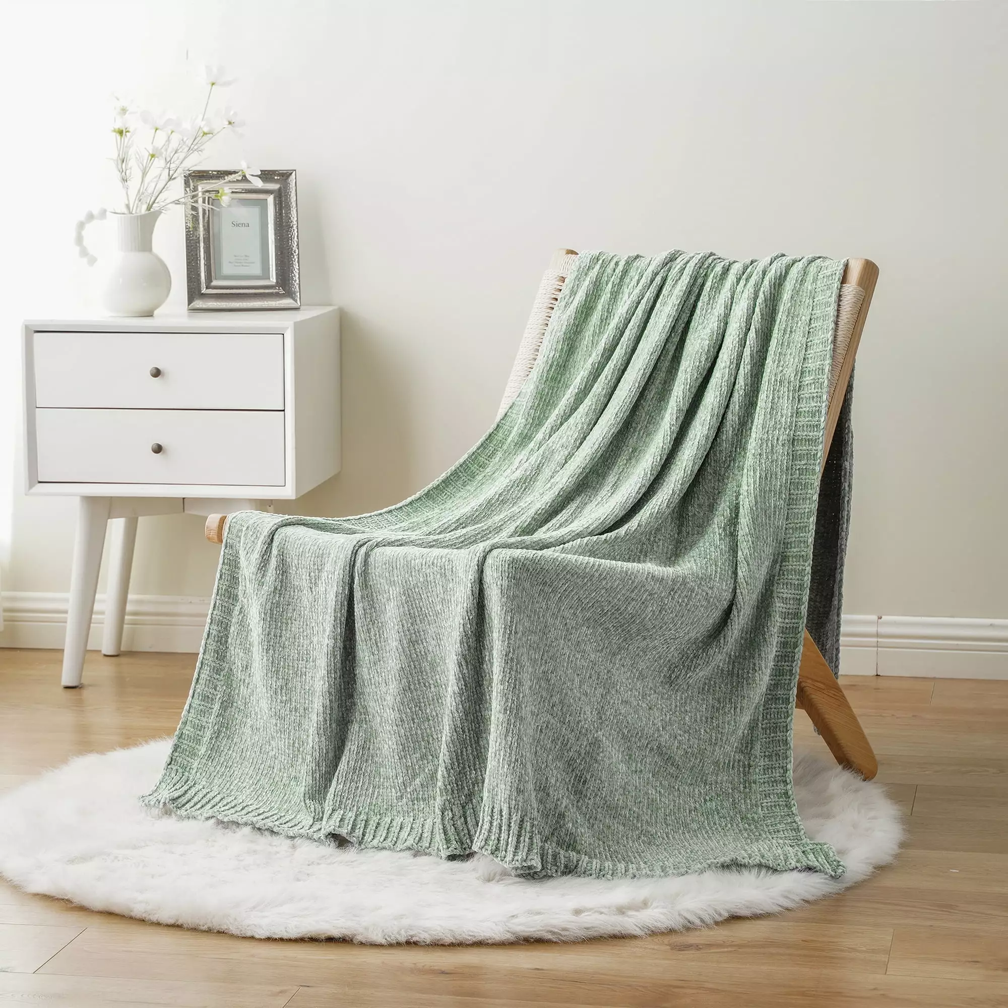 Battilo Sage Green Chenille Knit Blanket Mint Green Decorative Throw Neutral Home Decor 51x67
