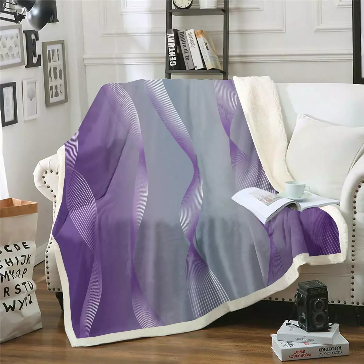 YST Gradient Grey Purple Ombre Throw Blanket Abstract Art Spiral Silver Wave Pattern 50x60
