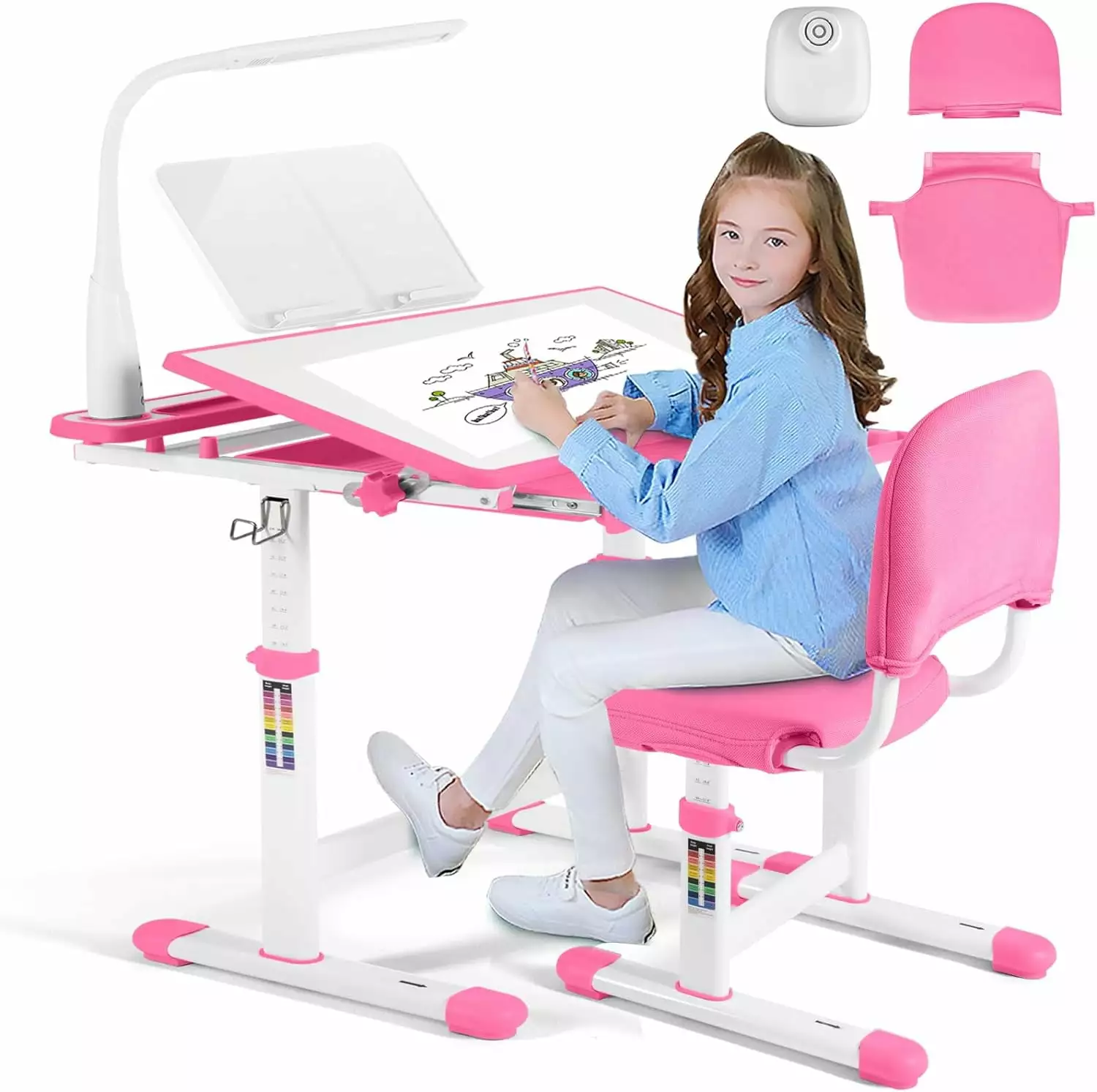 Artist Hand Kids Study Desk and Chair Set - Height Adjustable Children Table LED Lamp, Pull Out Drawer, and Bookstand Pink