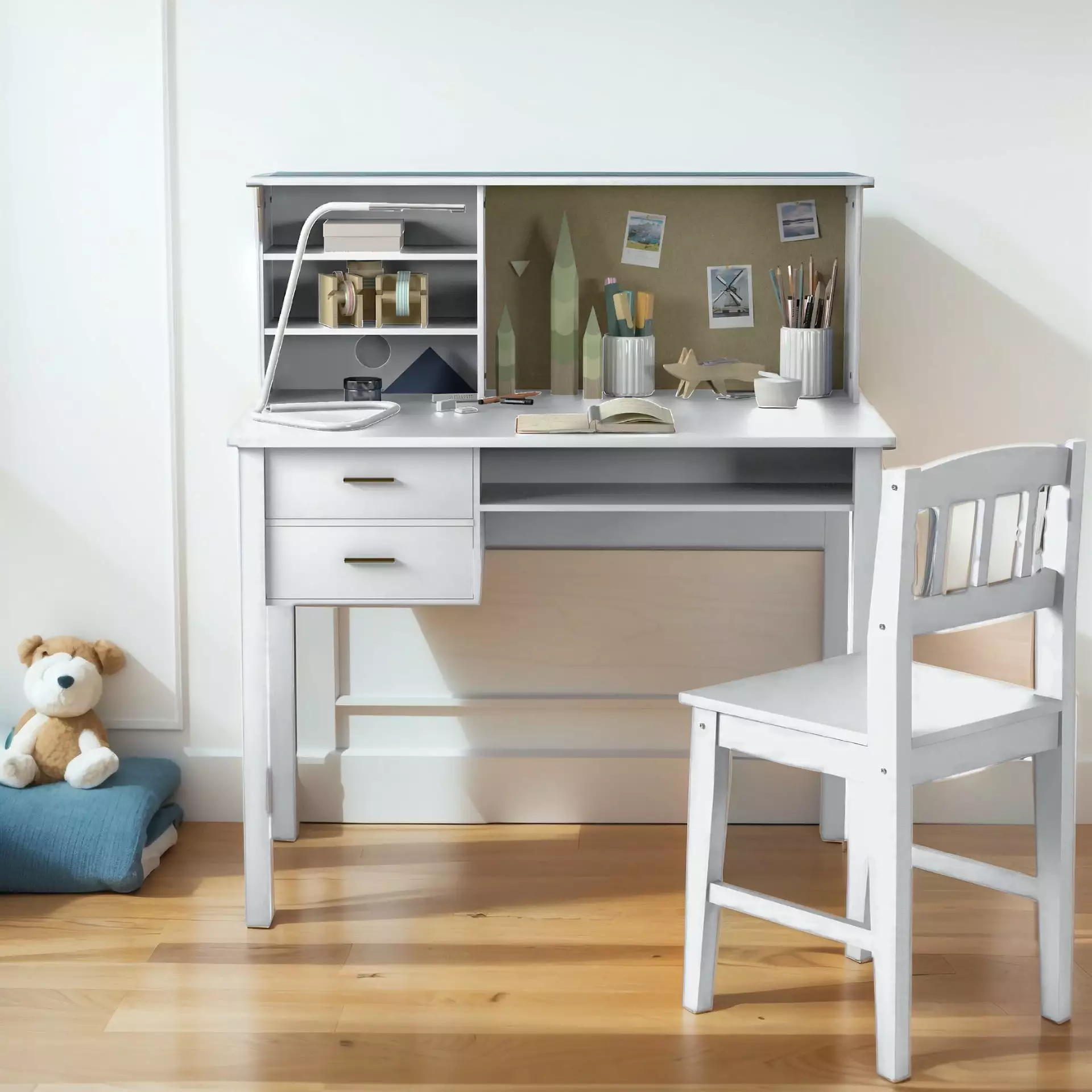 BALUS Kids Desk and Chair Set Storage Hutch and Bulletin Board White