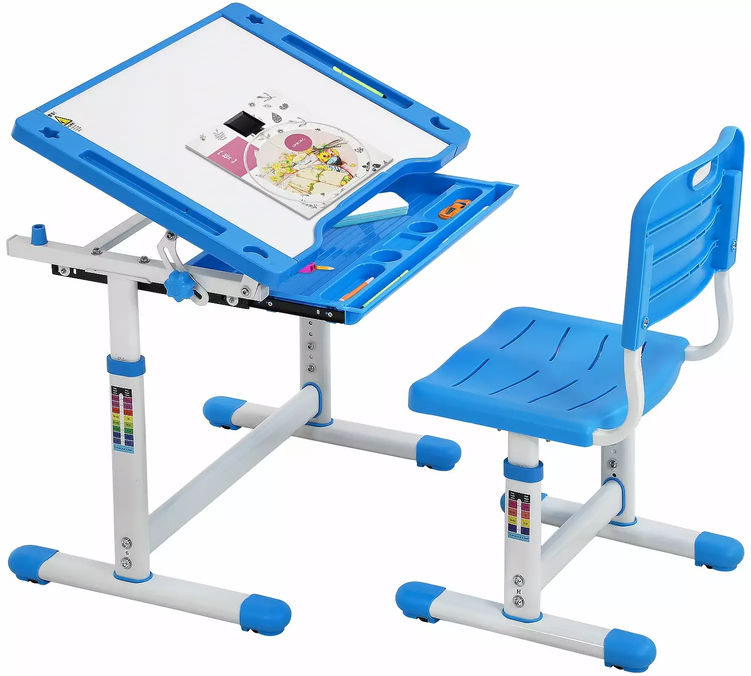 FDW Height Adjustable Multifunctional Children's Study Desk Table Chair Set Drawer Blue