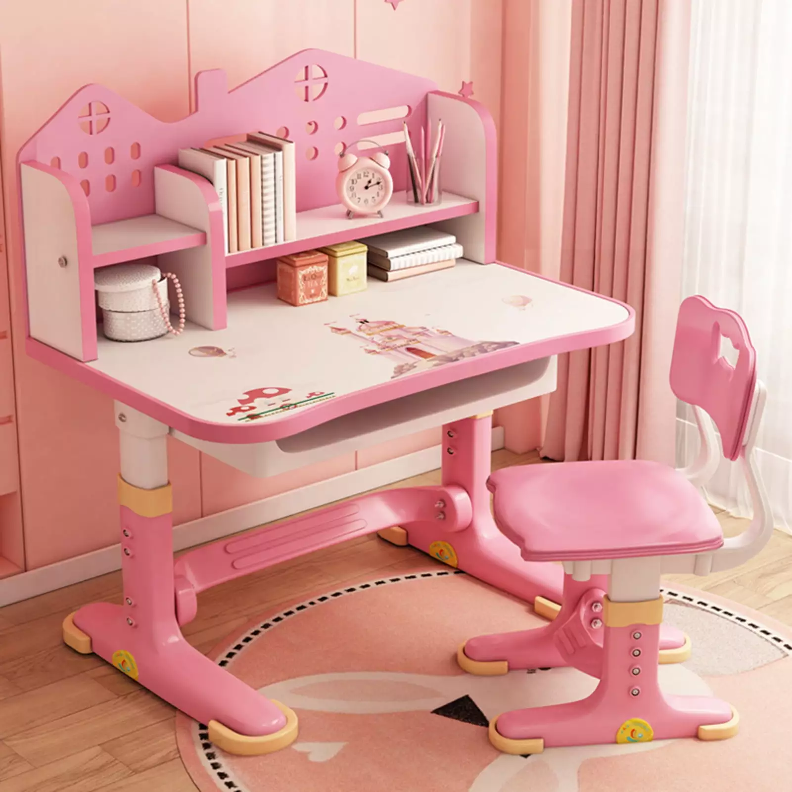 LA TALUS Kids Practical Desk Chair Set Height Adjustable Castle Backboard Widened Desktop Bookstand Storage Drawer Pink