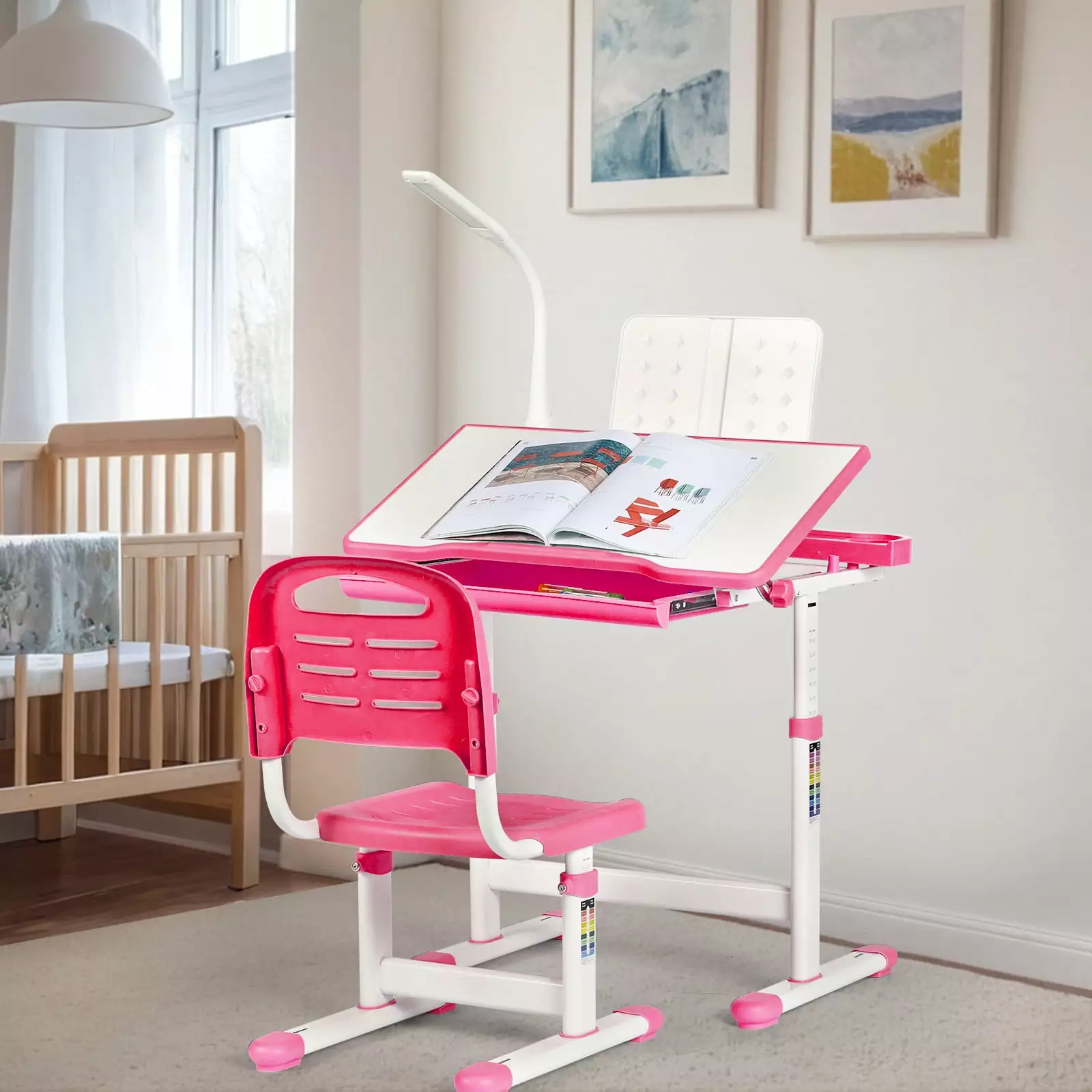 Pirecart Kids Desk and Chair Set Adjustable Study Table Lamp and Bookstand