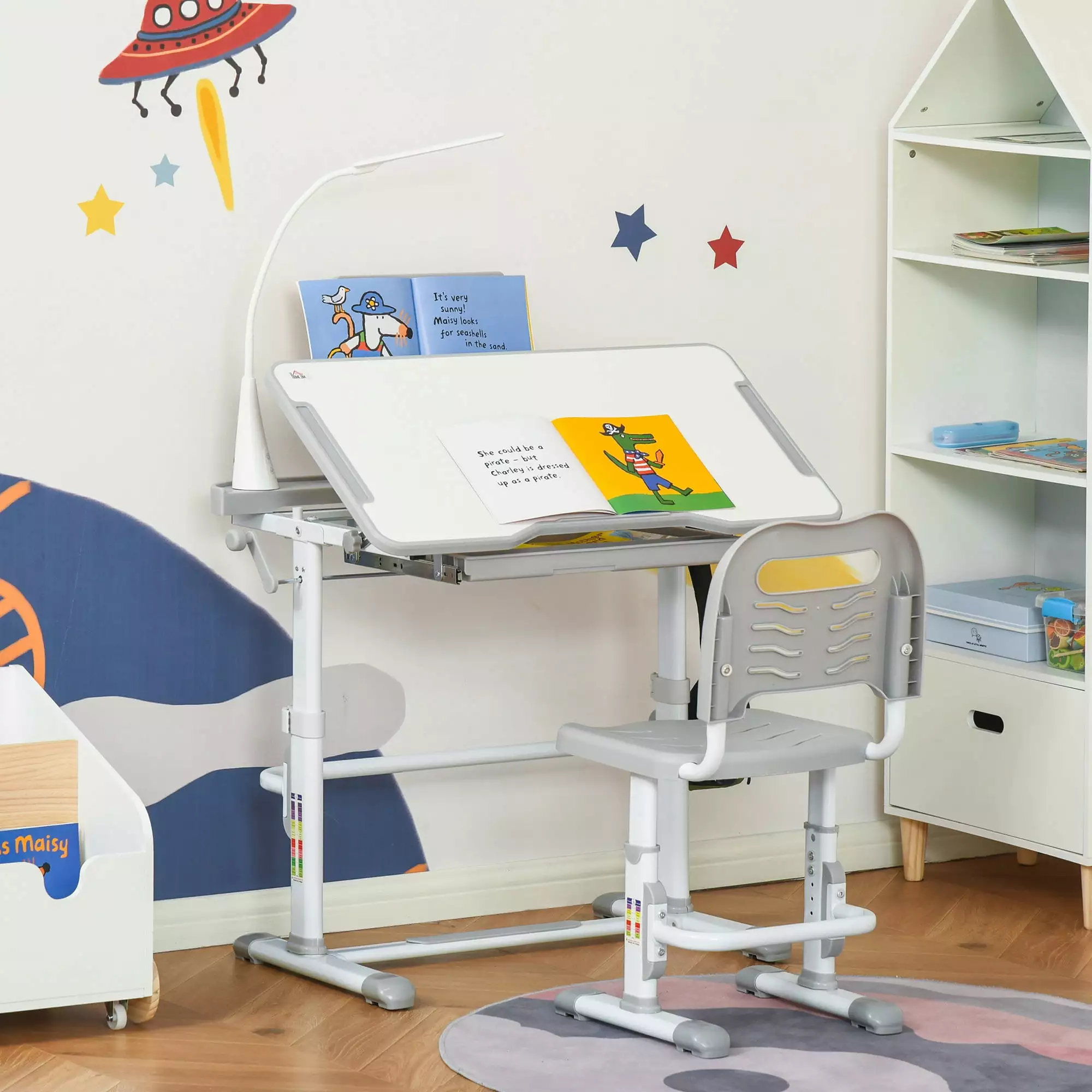 Qaba Kids Desk and Chair Set Height Adjustable School Study Table LED Light Pen Box Drawer and Reading Board