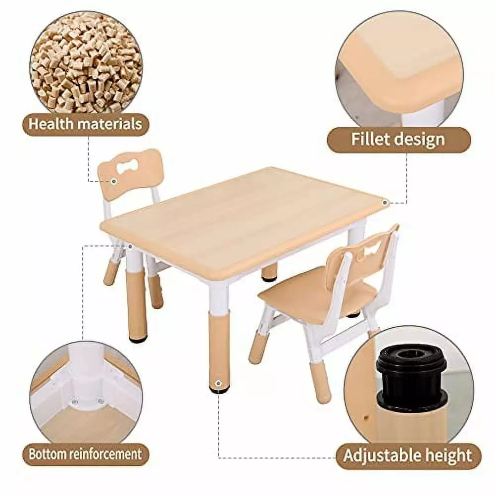 UNICOO Kids Study Table and Chairs Set Height Adjustable Plastic Children Art Desk 2 Seats Maple Top SHINW