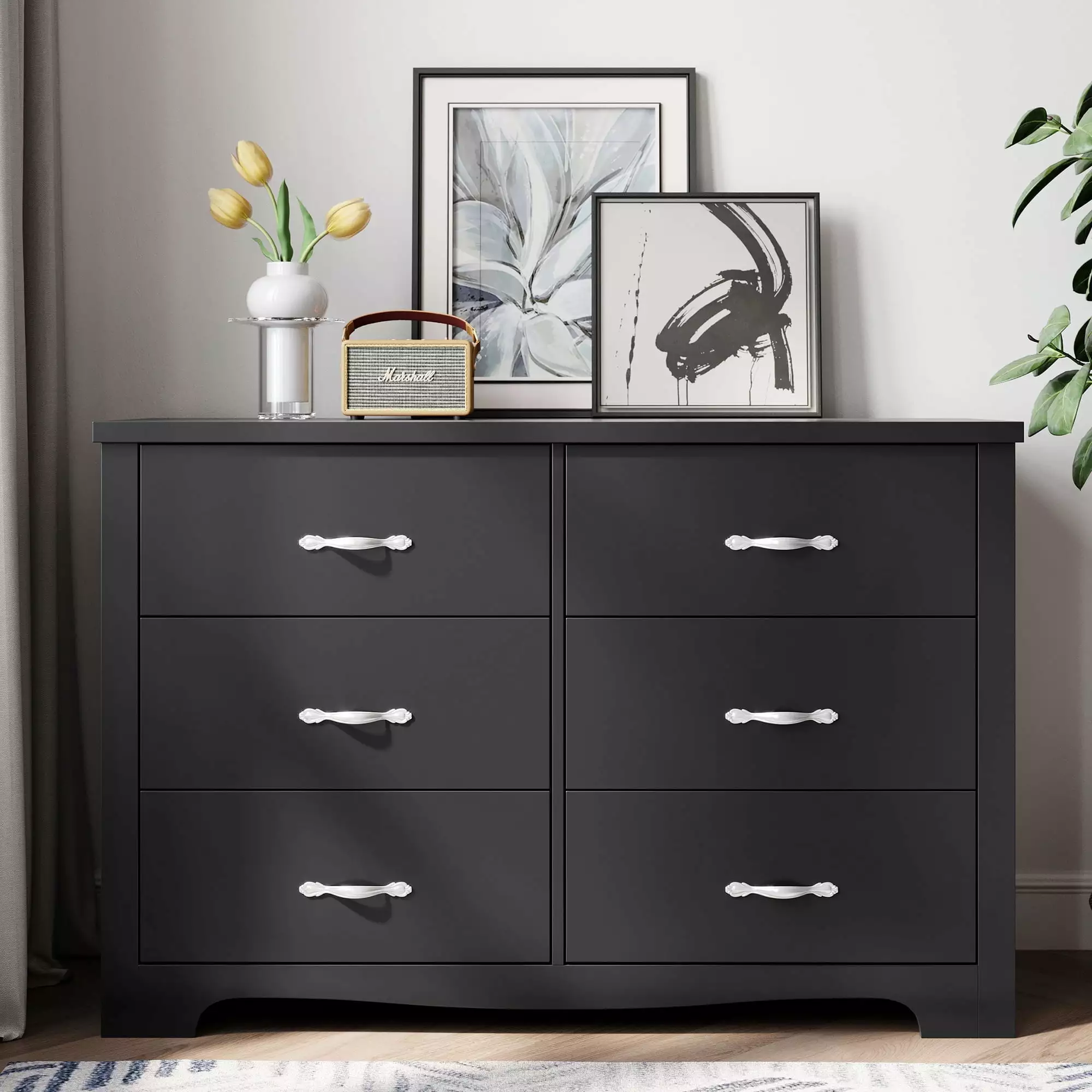 LINSY HOME Black Double Dressers Chest 6 Drawers Bedroom Storage
