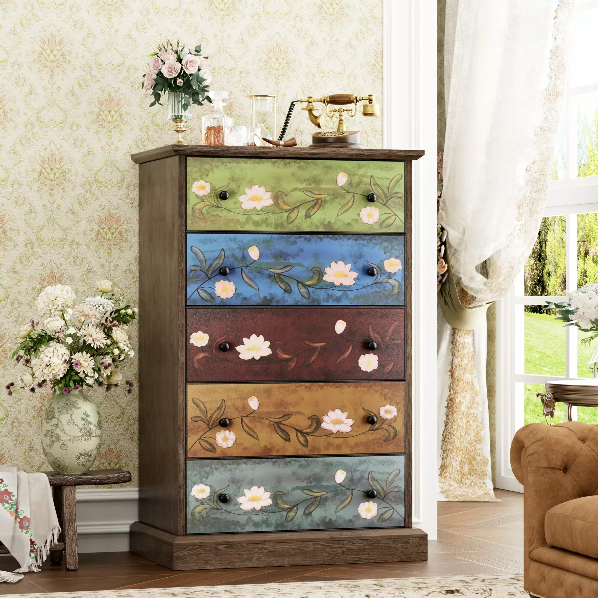 Homfa 5 Drawer Dresser Bedroom Boho Wood Storage Cabinet Wide Top Study Base