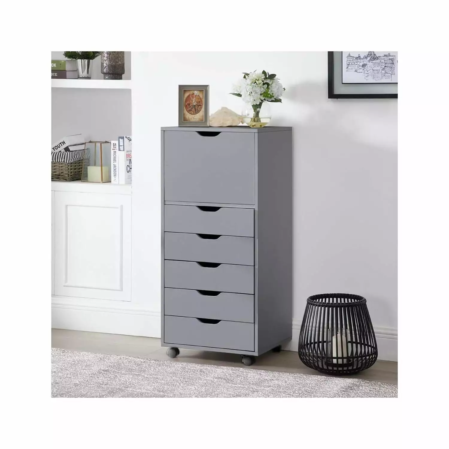 6 Drawer Tall Dresser Bedroom Wheels Grey 180 lbs Capacity Naomi Home