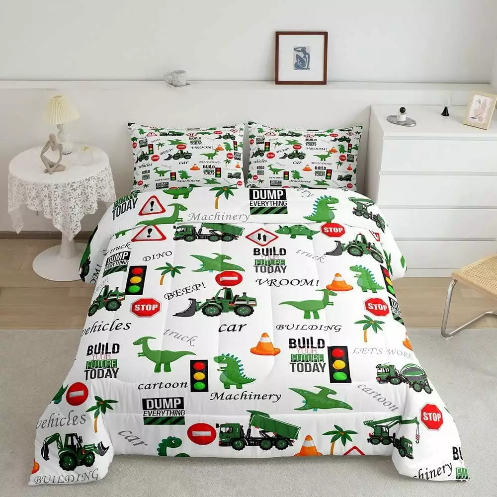 Kids Tractor Bedding Set Boys Excavator Twin Green Cartoon Dinosaur Duvet Insert YST
