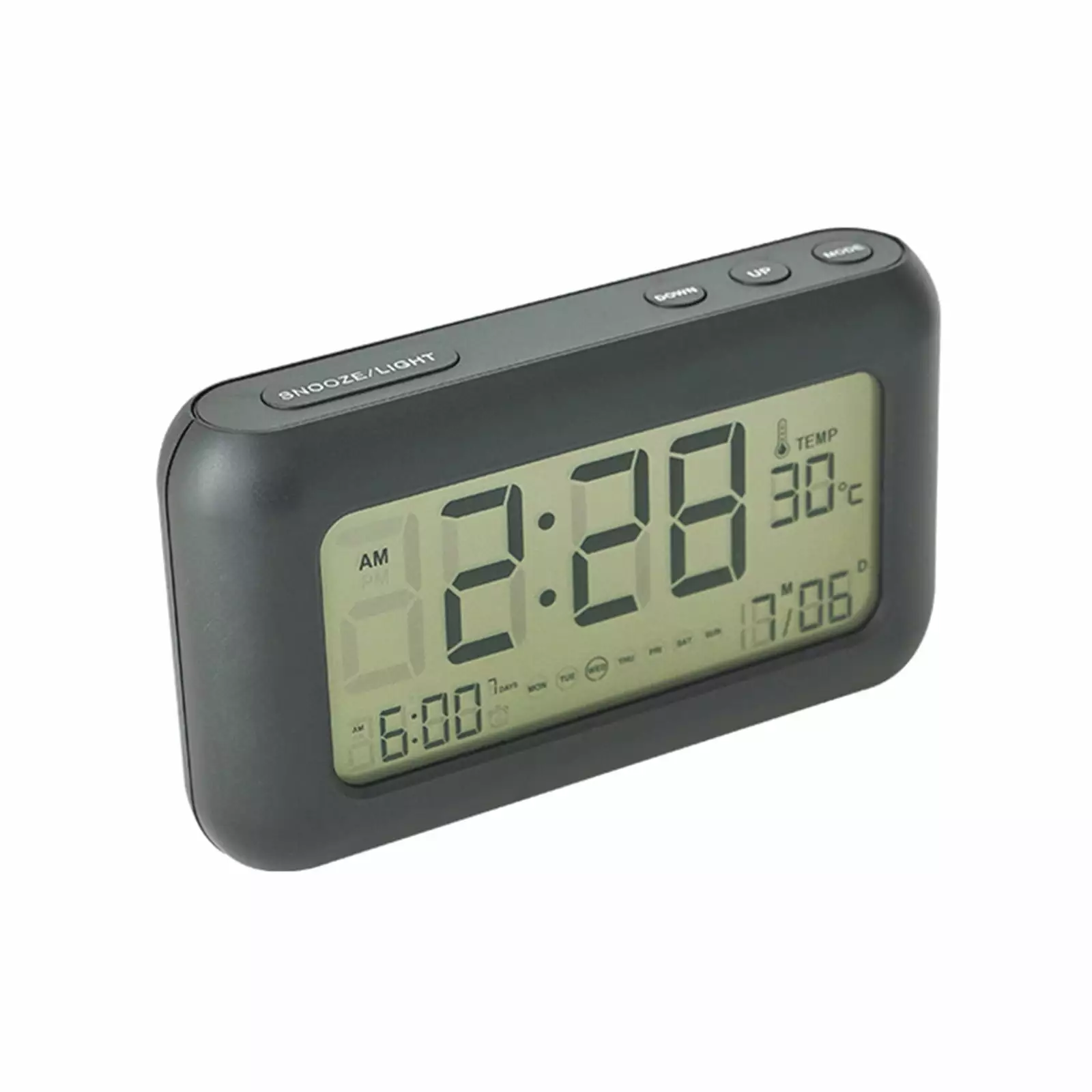 PAVEOS 170 Wide Angle LCD Electronic Clock Alarm Day Date Temperature Display Rechargeable Night Light Black