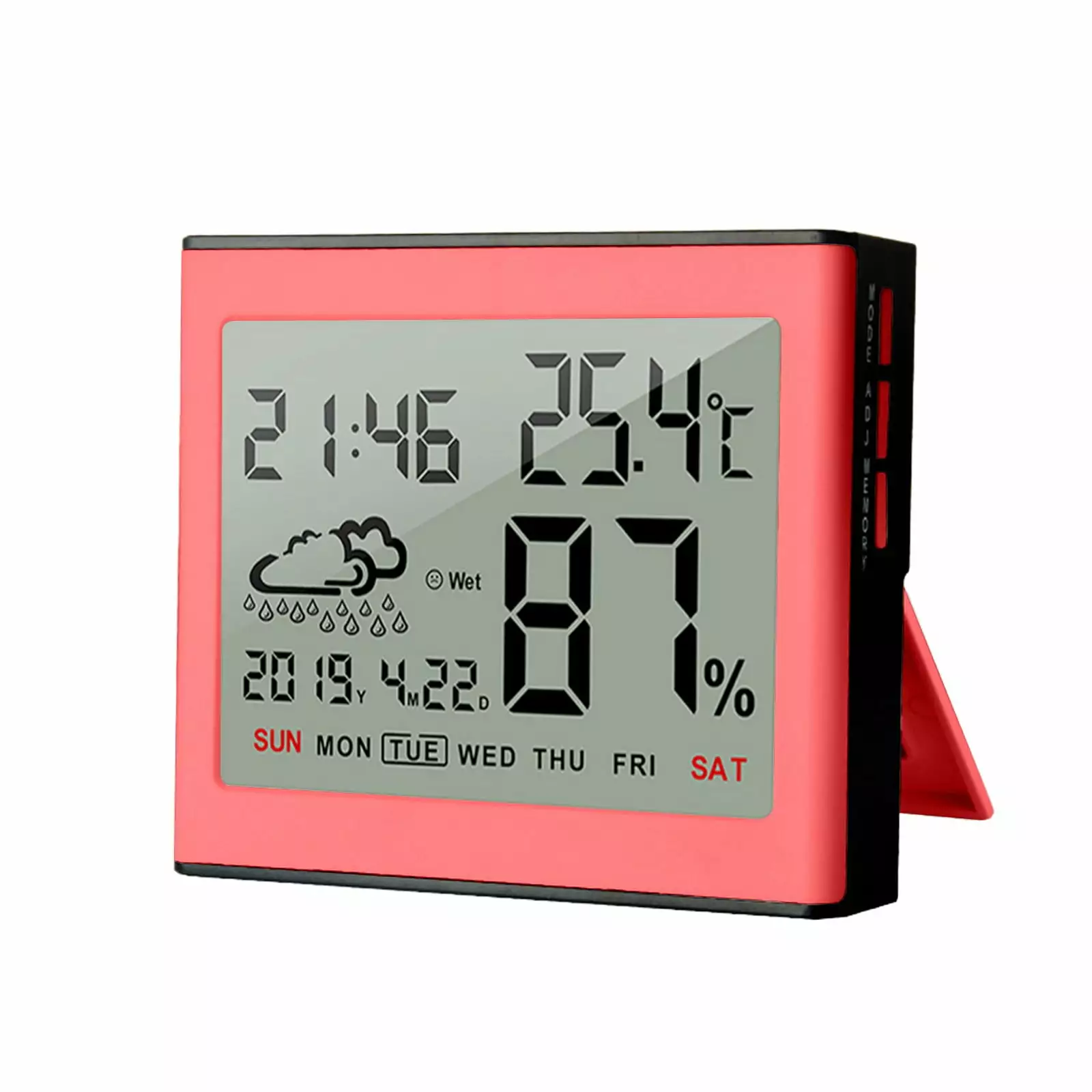 PAVEOS Multifunctional Electronic Clock LCD Large Screen Weather Temperature Humidity Meter Alarm Clock Pink