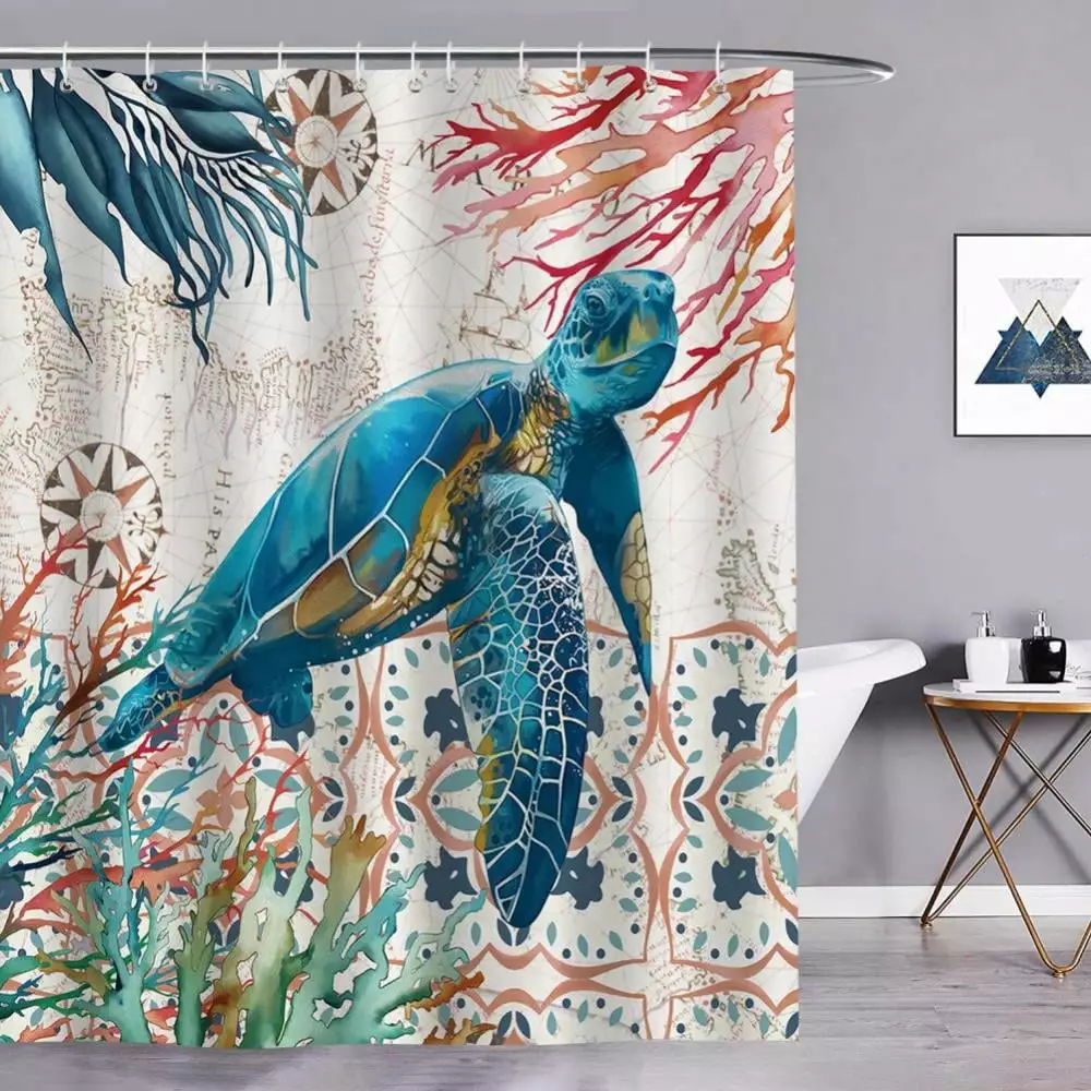 Blue Sea Turtles Beach Theme Fabric Shower Curtain Set Hooks 70 x 70 Inches Teal Ocean Bathroom Decor Ardorlove