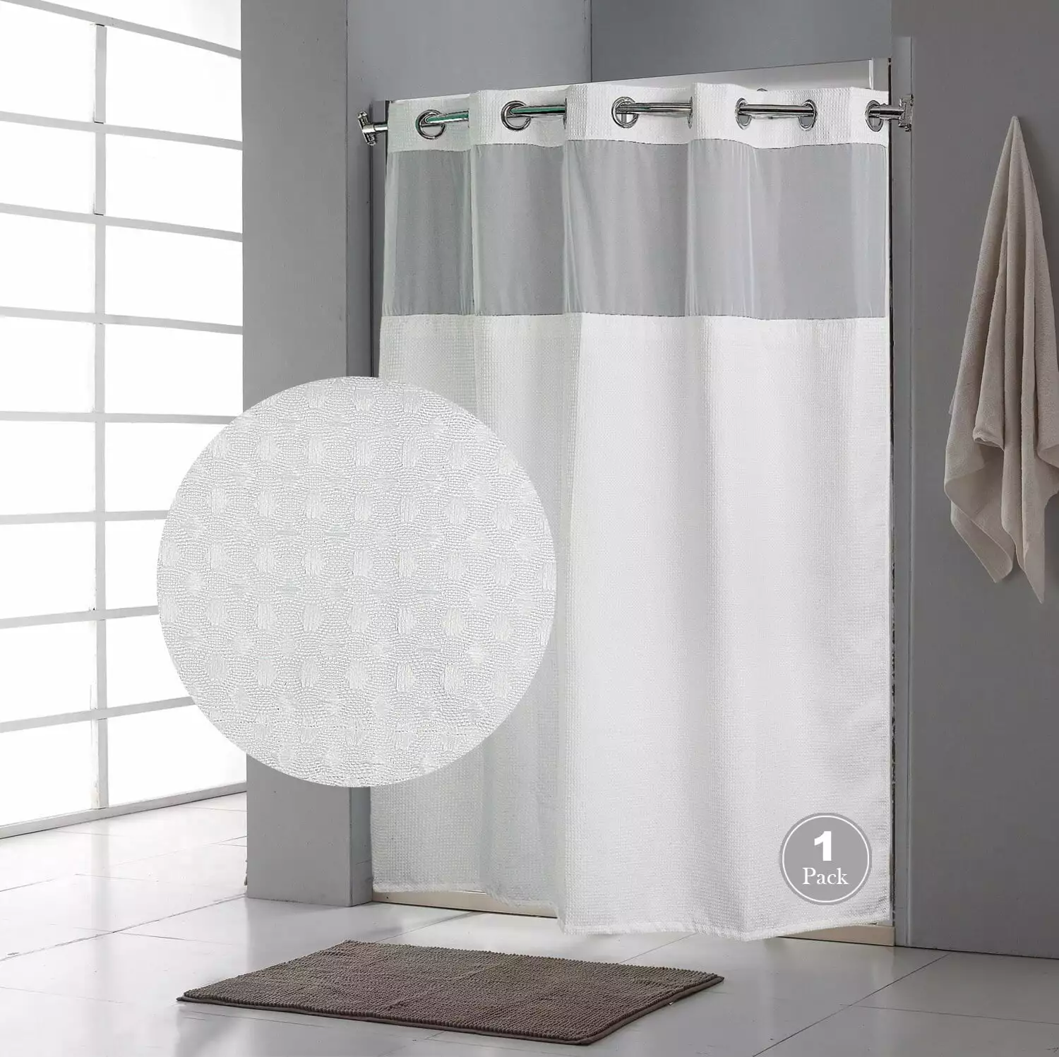 FBTS Prime 71x74 Inch White Waffle Fabric Hook Less Shower Curtain Liner