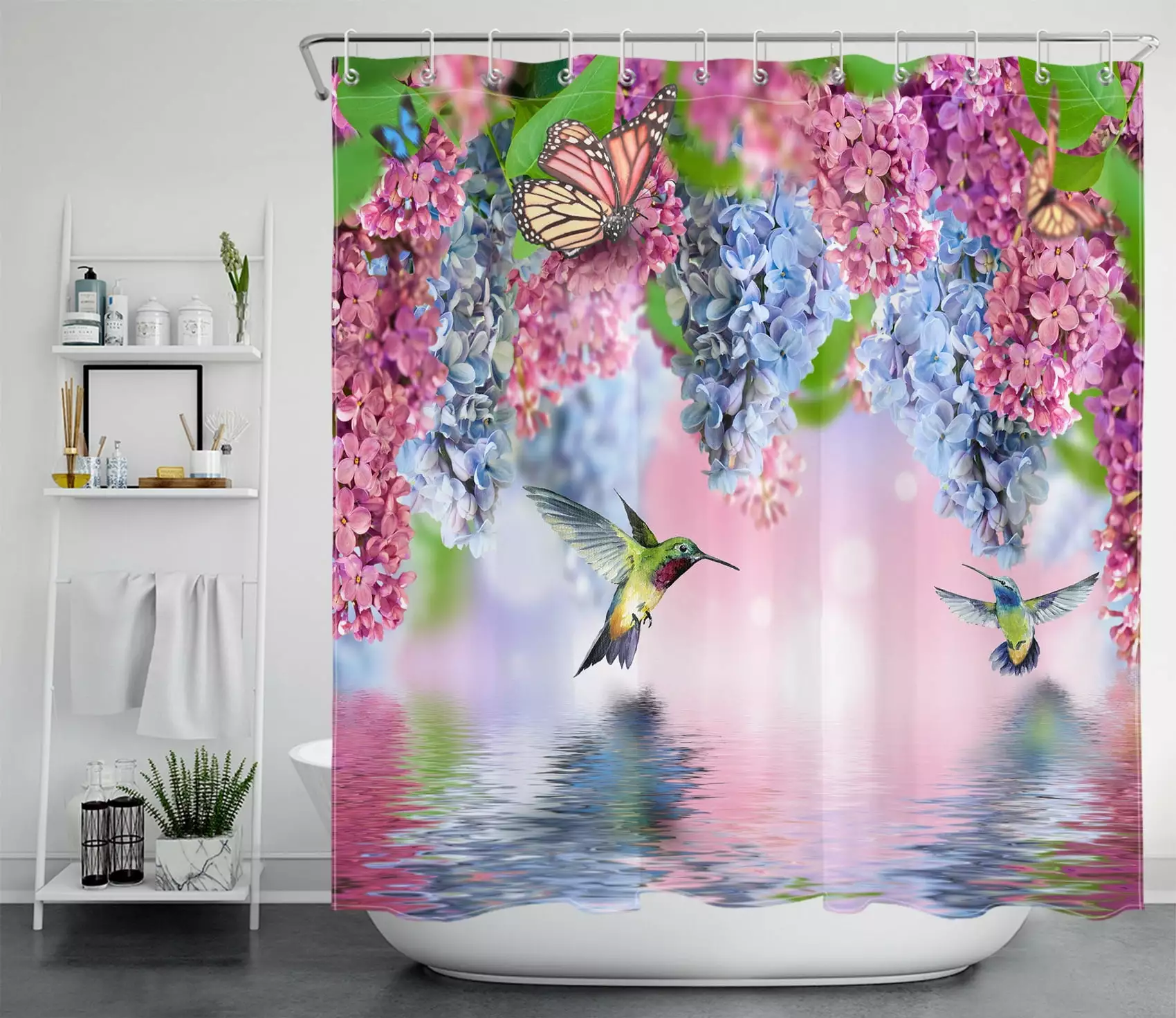 HVEST Floral Shower Curtain Fantasy Pink and Blue Flower Bird Bathroom Decor 70x69 Inch Waterproof Polyester