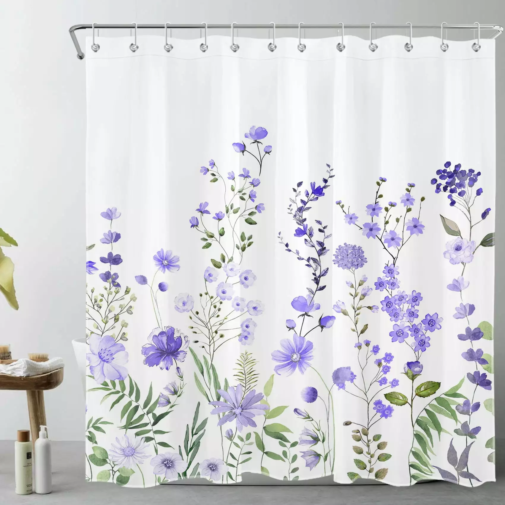 HVEST Watercolor Floral Shower Curtain Purple Wildflower and Green Leaf on White Background 70x69 Inches