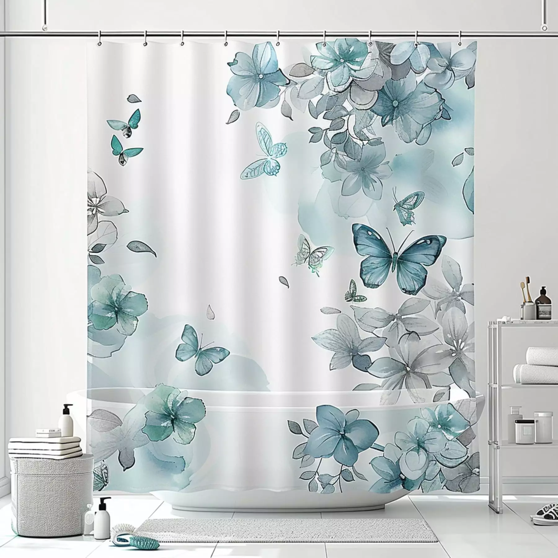 Watercolor Floral Butterfly Shower Curtain Set Nature Motivated Bathroom Decor 72x72 Inches HAZOEDPRIN