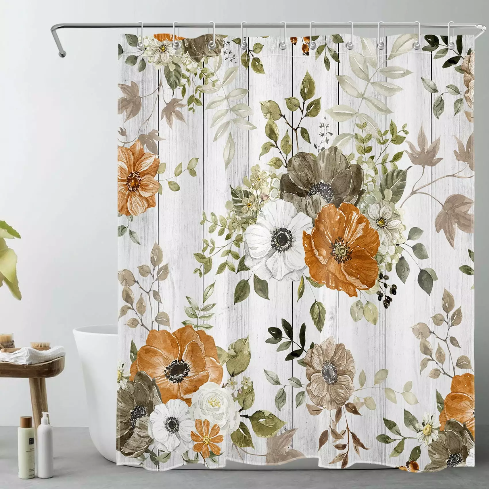 HVEST Watercolor Wildflower Shower Curtain Orange Floral Sage Green Leaf Vintage Grey Wood 60x72 Inches