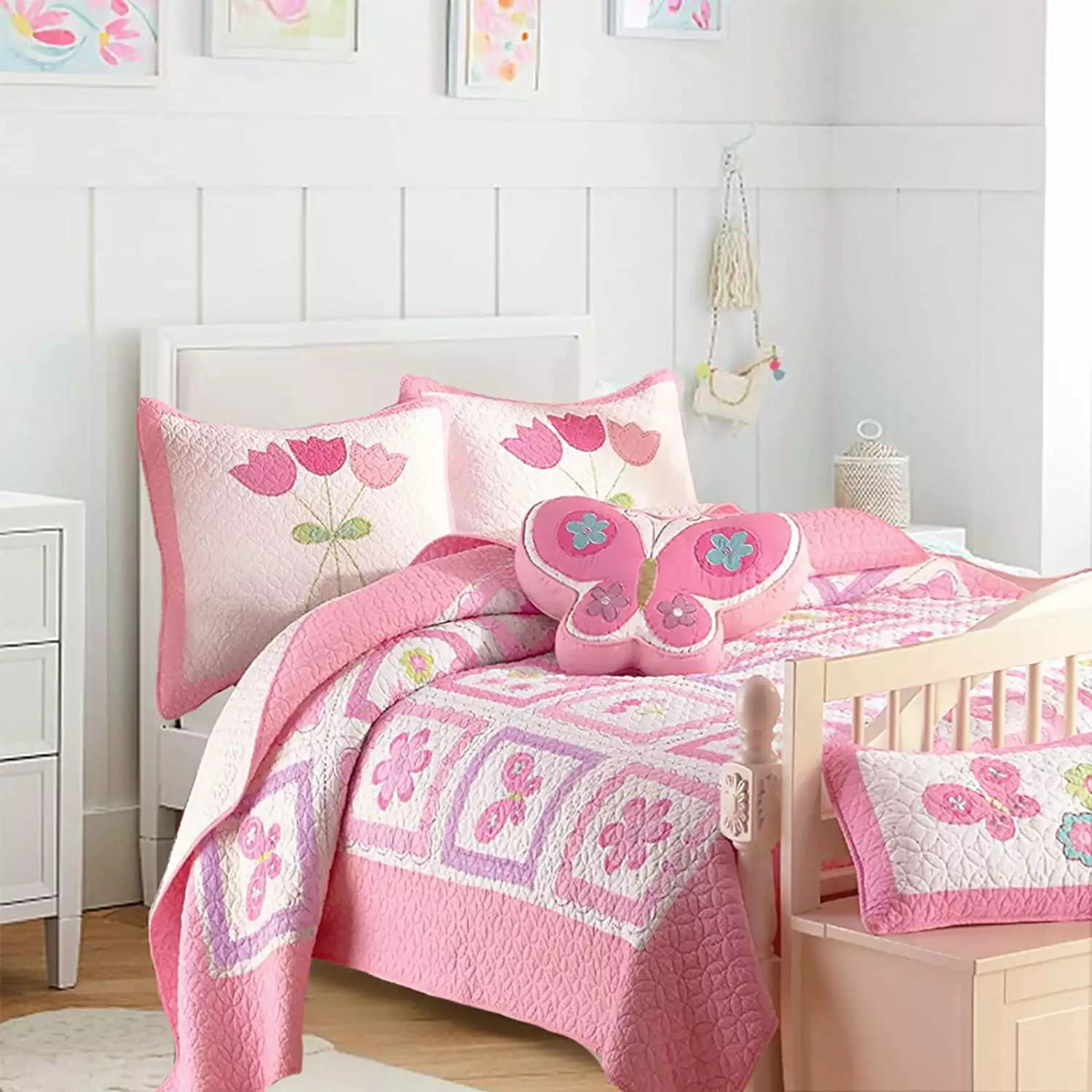 Floral Butterfly Garden Twin Quilt Bedding Set Tulip Daisy Pink Purple Cotton Cozy Line Home Fashions