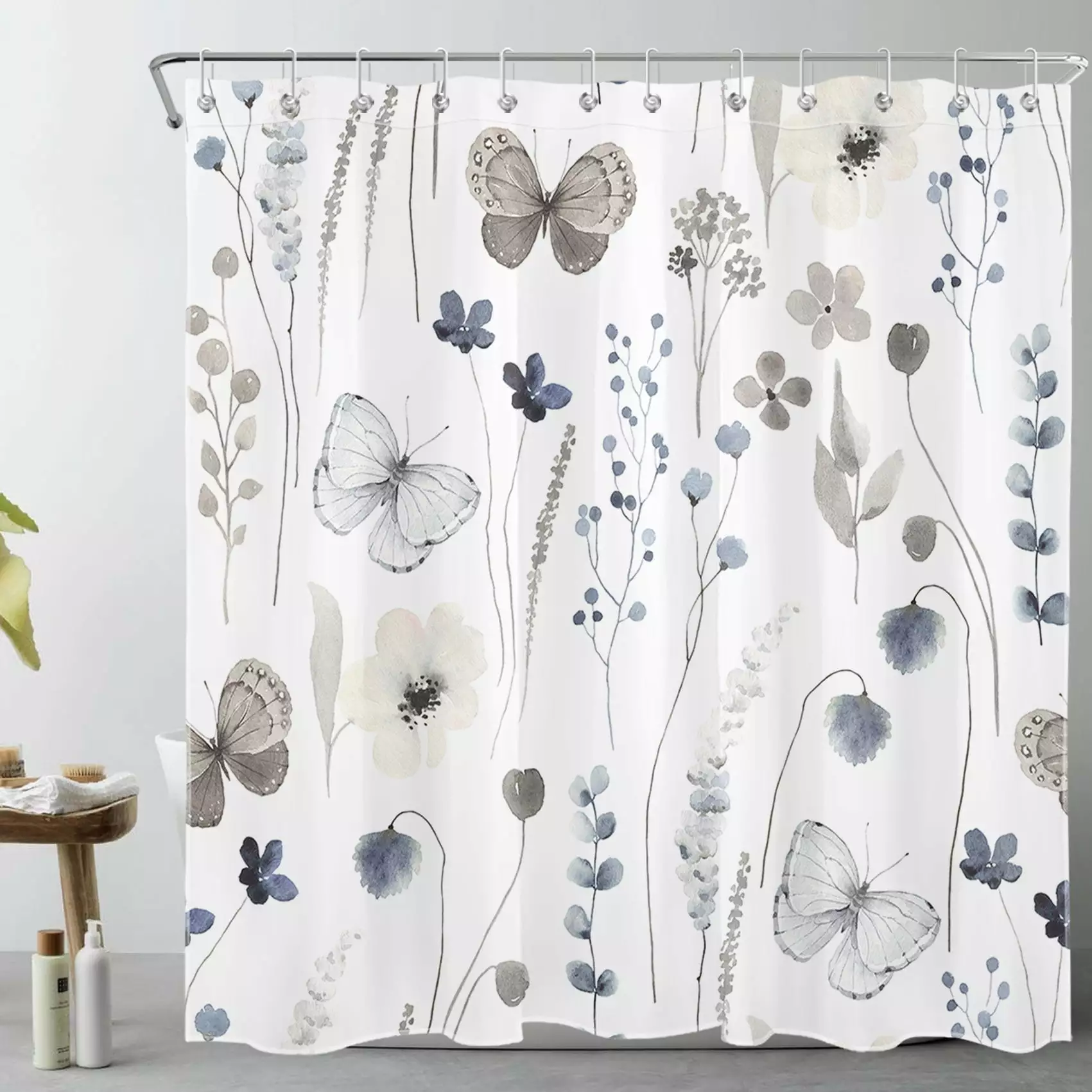 HVEST Grey Butterfly Shower Curtain Vintage Watercolor Blue Floral Eucalyptus Leaf Spring Nature Bathroom Decor 69x70 Inches