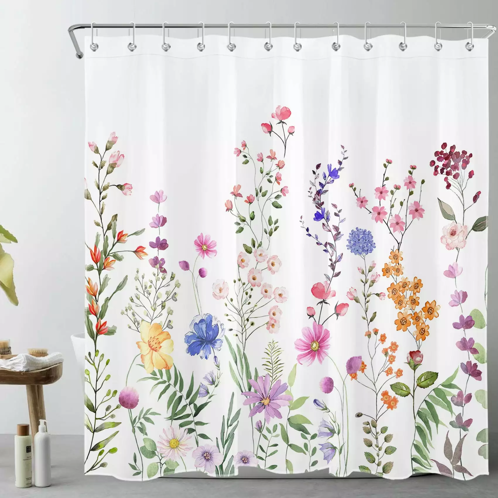 HVEST Spring Floral Shower Curtain Rustic Blue Pink Wildflower Green Leaf Plant White Bathroom Decor 69x70 Inches