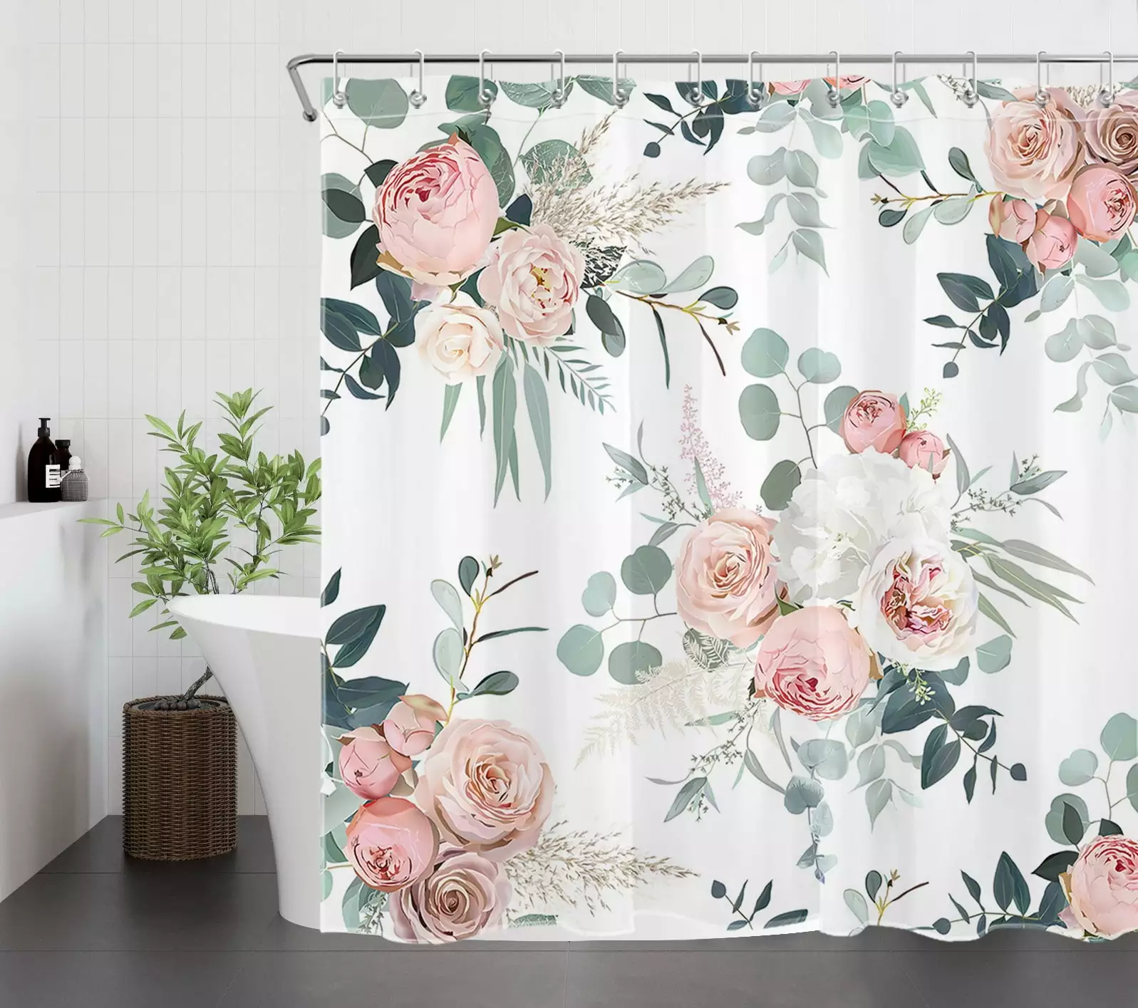 HVEST Watercolor Flowers Shower Curtain Pink White Flowers Green Leaves Plant Bathroom Decor 72x72 Inches