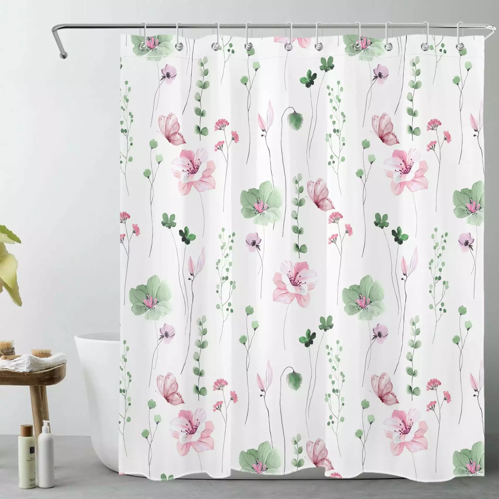HVEST Pink and Green Floral Shower Curtain Wildflower Sage Green Leaf and Butterfly on White Fabric Bathroom Decor 60x72 inch