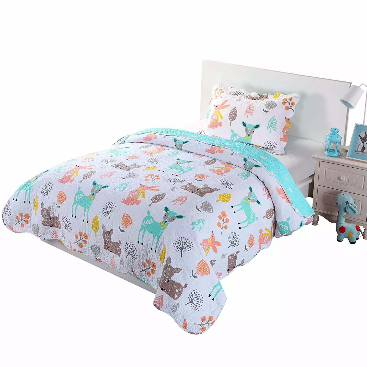 100% Cotton 2 Piece Kids Quilt Bedspread Set Throw Blanket Teens Boys Girls Beds Teal Blue Forest Deer MarCielo