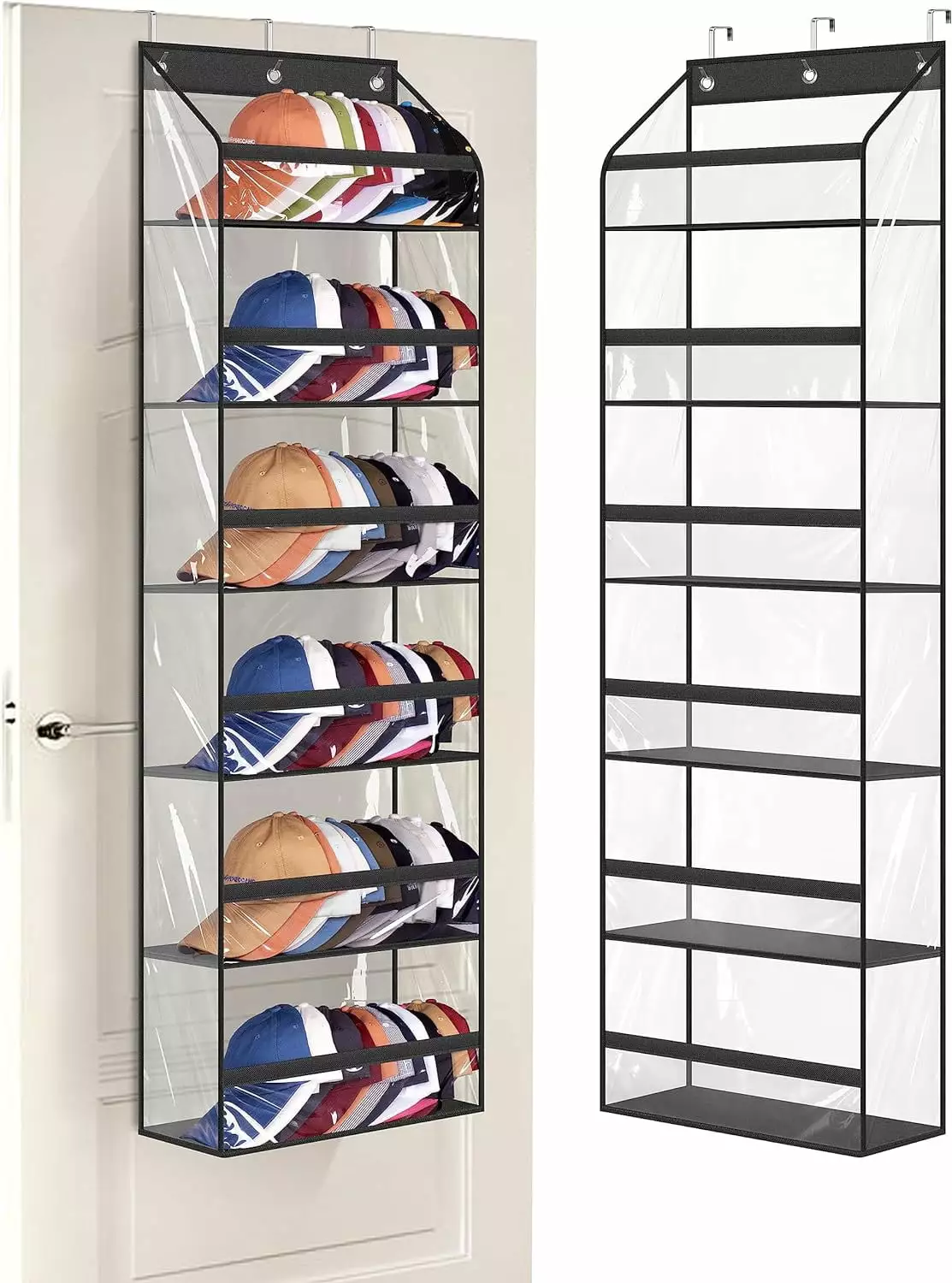 MISSLO Clear Over Door Hat Rack Baseball Caps Holds 72 Caps 3 Hooks Black