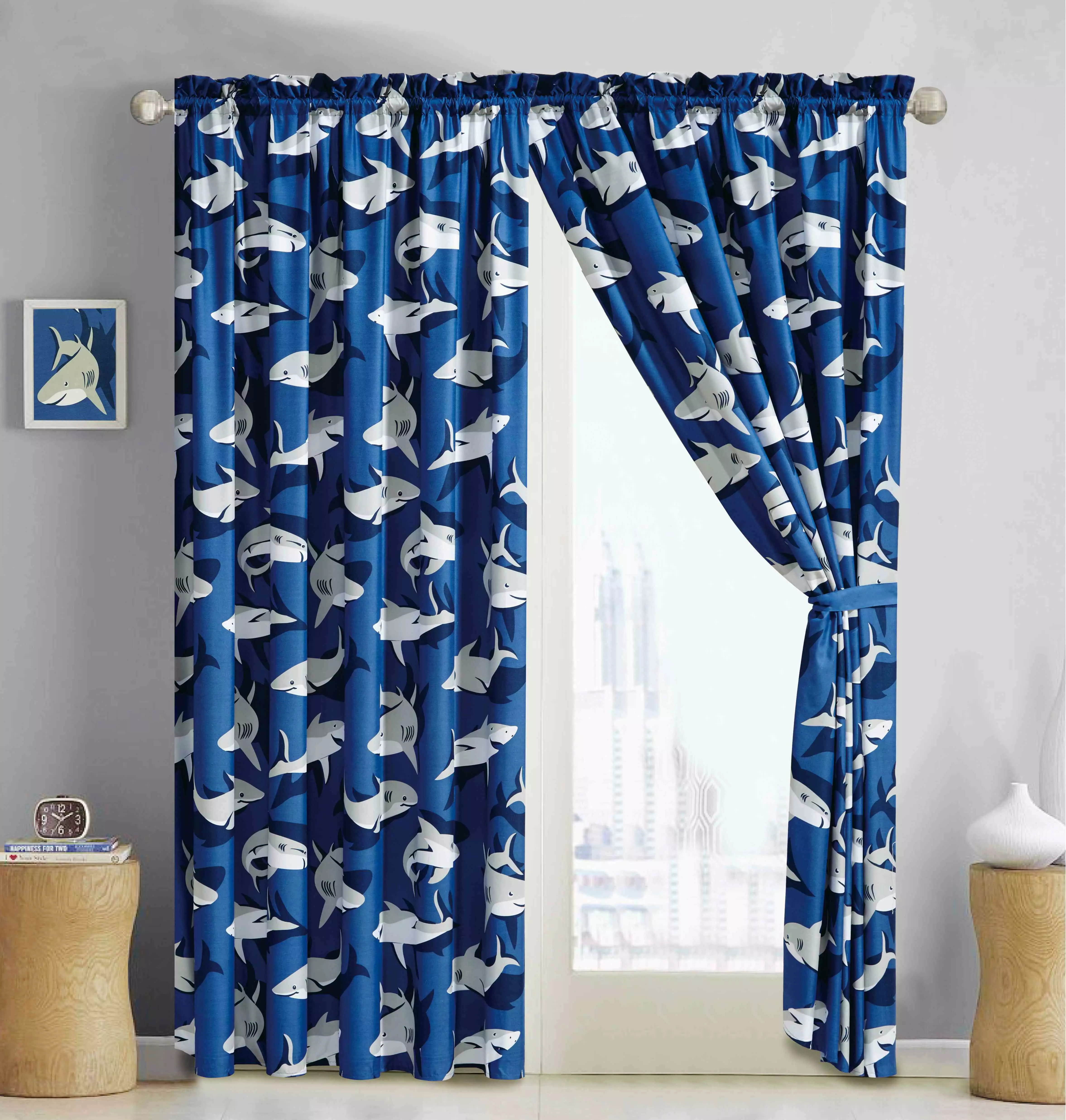 All American Gatherion Children's Curtain Set Shark Theme Furry Toy Cushion and Sheets All American Collection