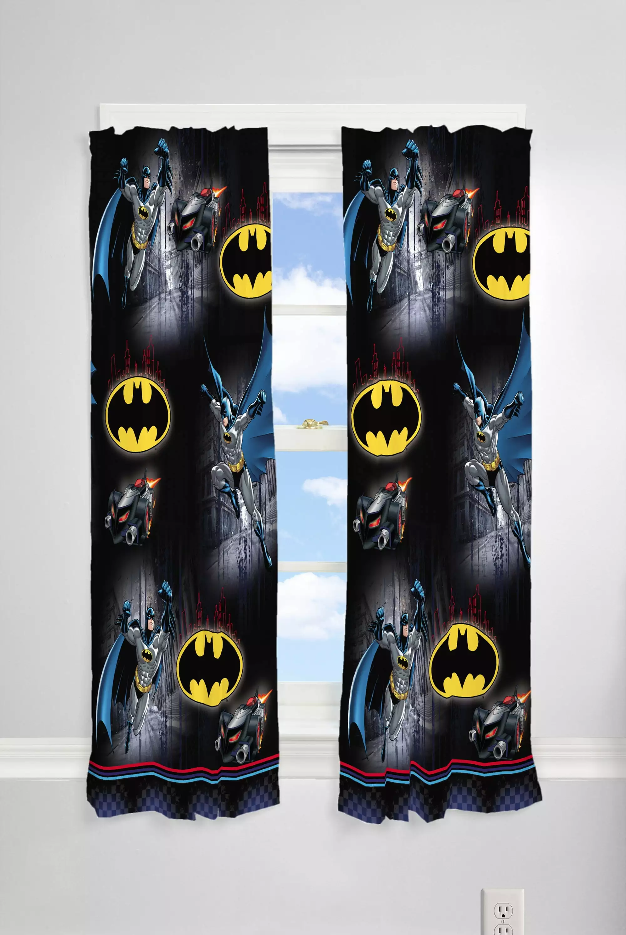 Batman Kids 2 Piece Light Filtering Bedroom Curtain Set 63 Inches Long Black Superhero Theme